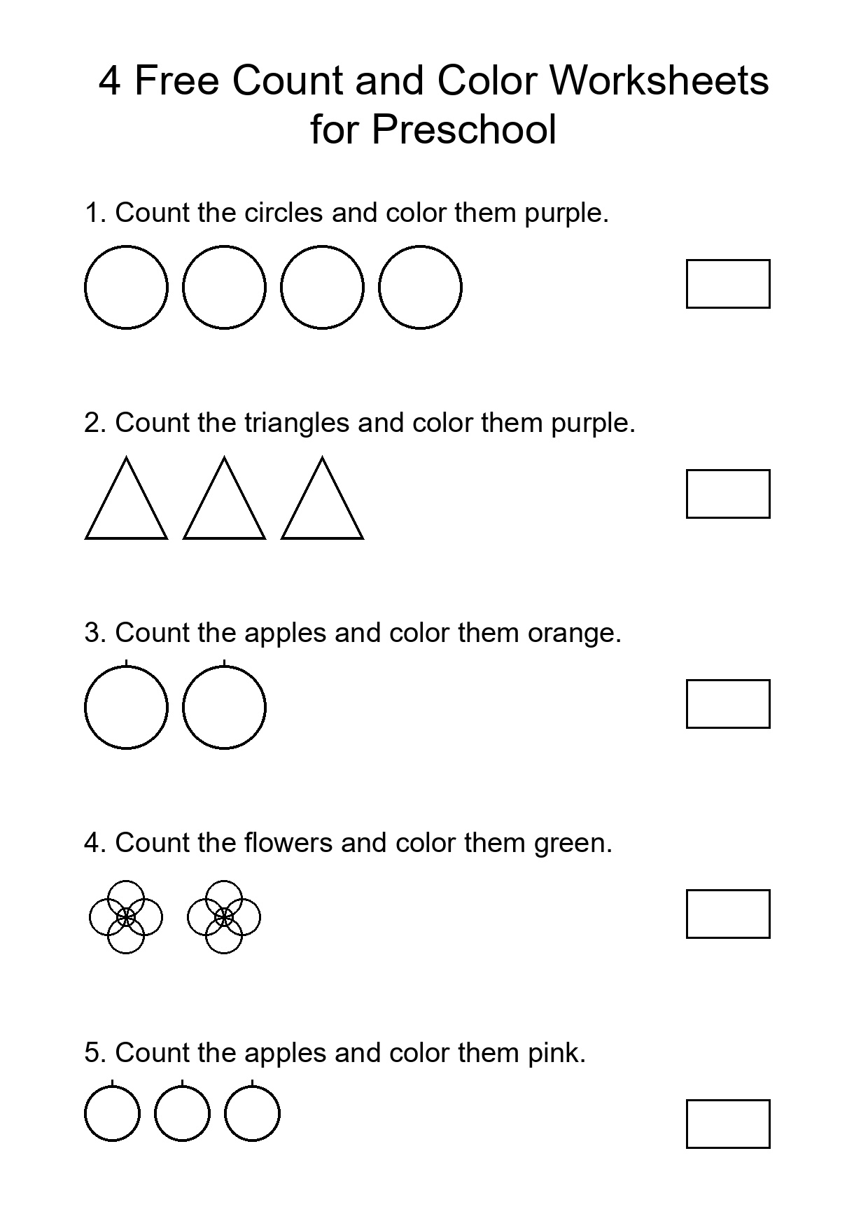 4 Free Count and Color Worksheets for Preschool