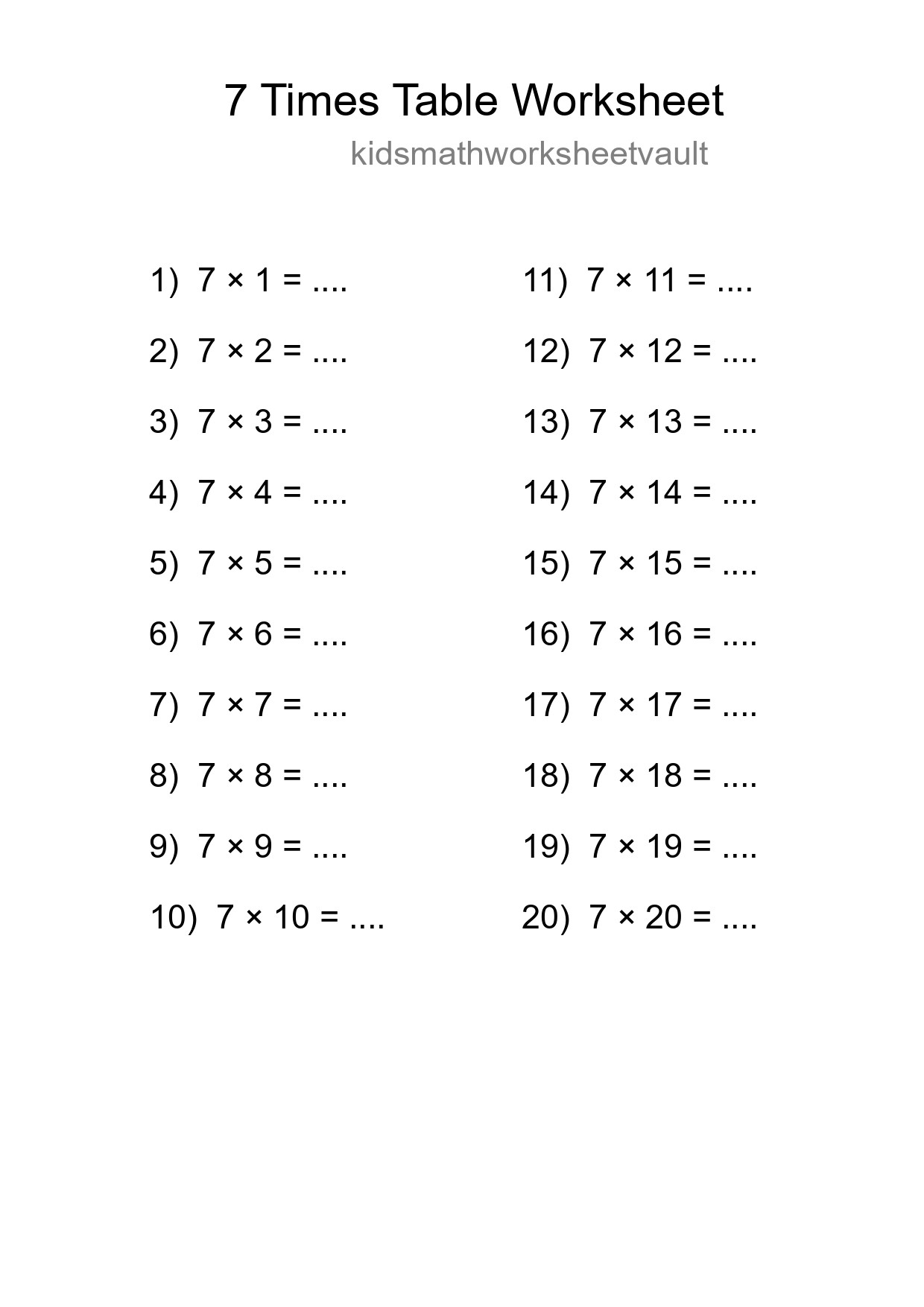 7 Times Table Worksheet For Grade 3 - Part 86