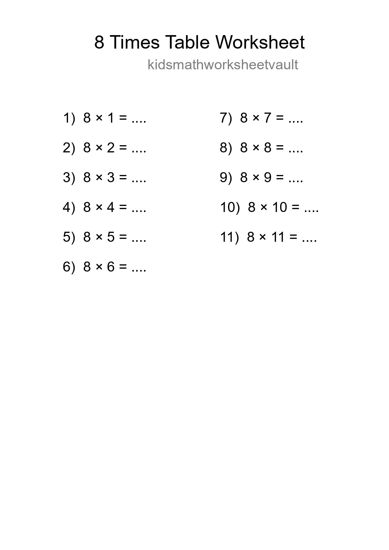 8 Times Table Worksheet For Grade 3 With Answers - Part 262