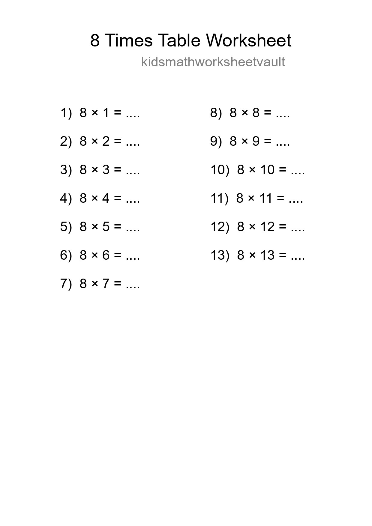 8 Times Table Worksheet For Grade 3 With Answers - Part 284