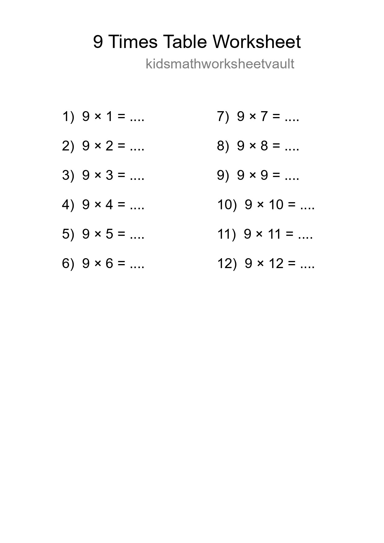 9 Times Table Worksheet For Grade 3 With Answers - Part 9