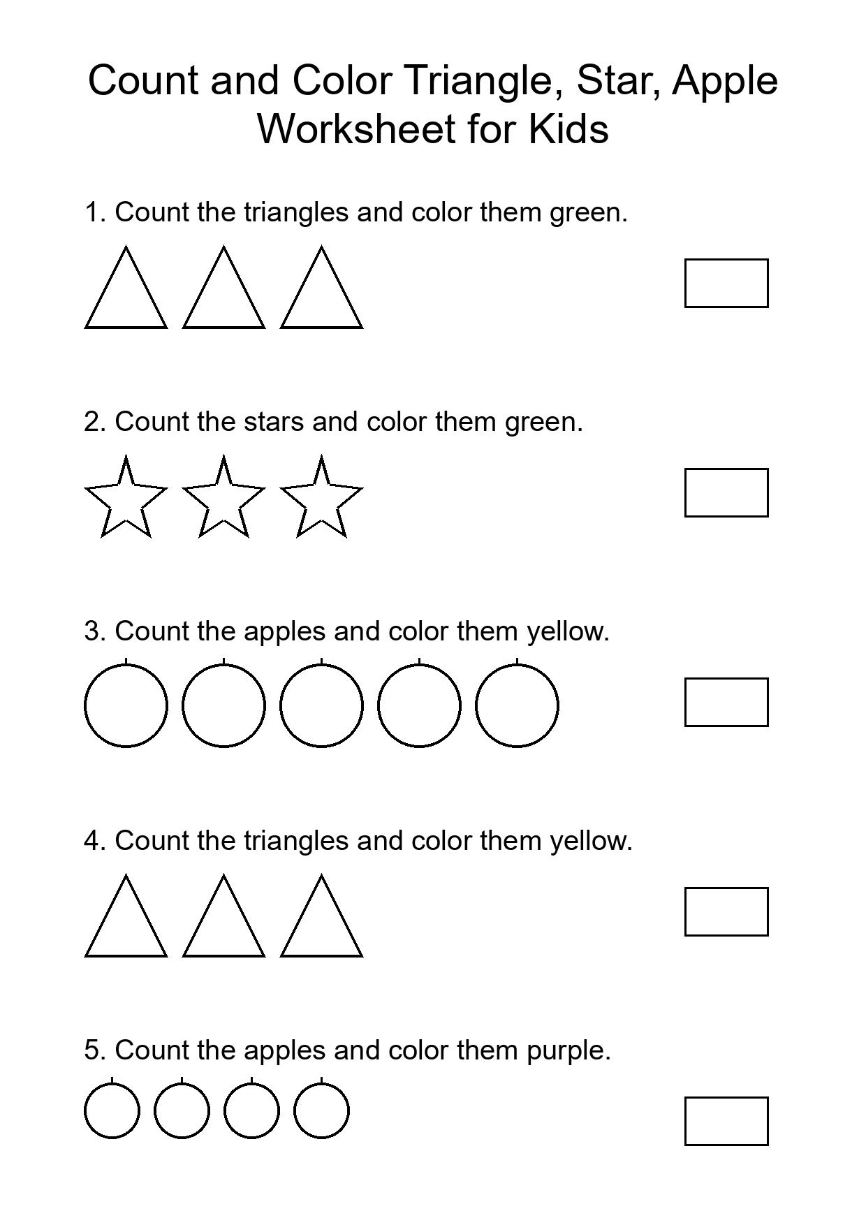 Count and Color Triangle, Star, Apple Worksheet for Kids