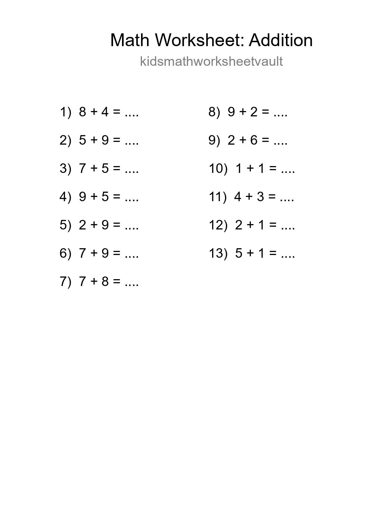 Free 13 Addition Math Worksheet For Grade 1 With Answers - Part 188