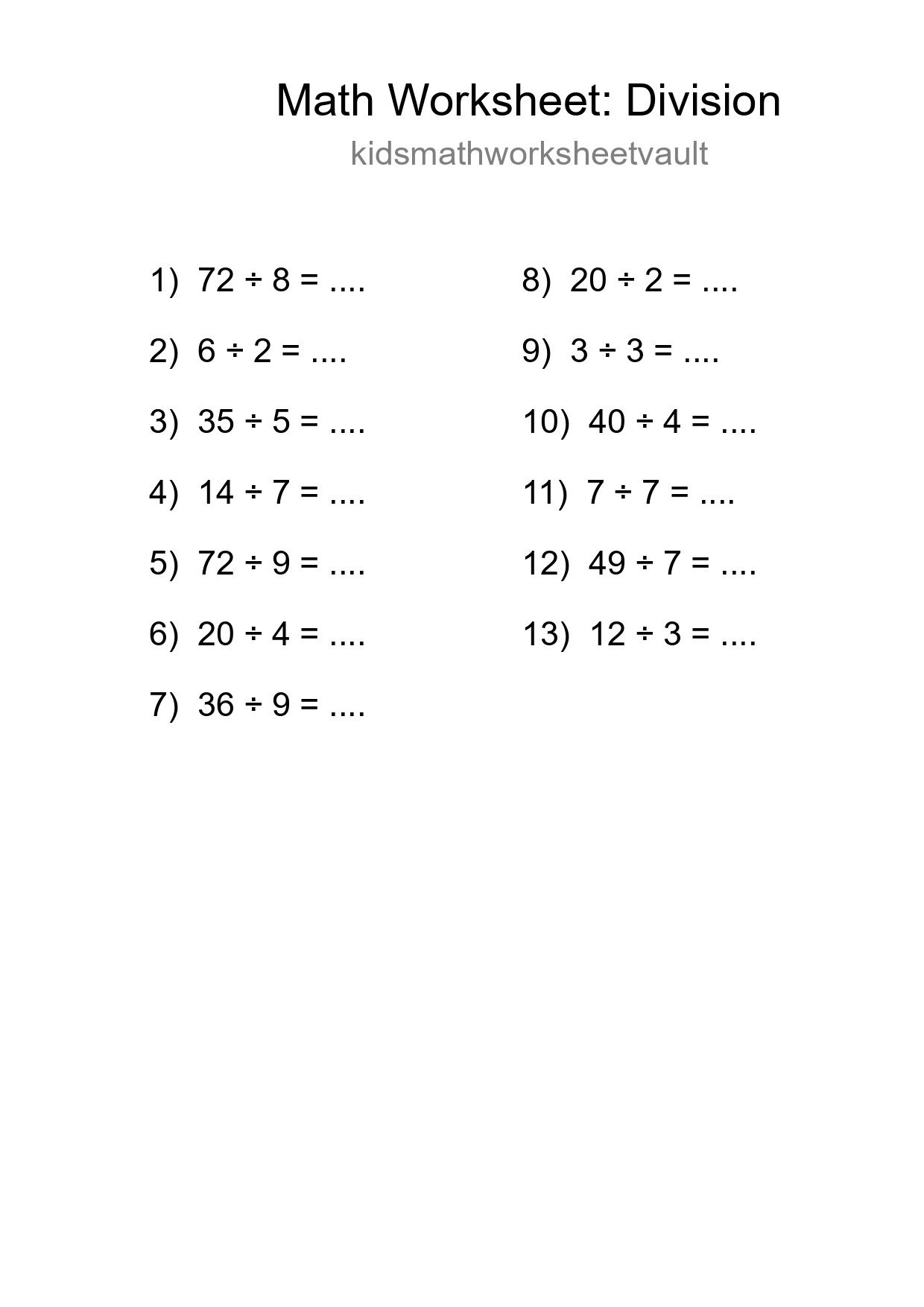 Free 13 Division Math Worksheet For Grade 1 With Answers - Part 4