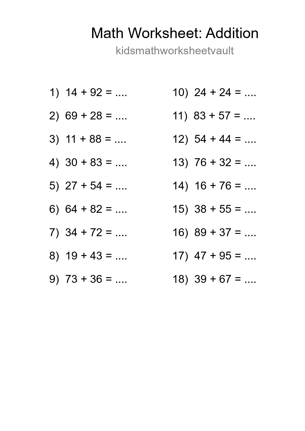 Free 18 Addition Math Worksheet For Grade 3