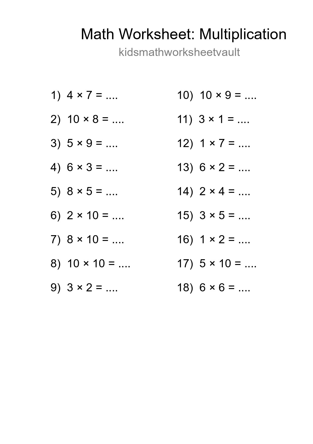 Free 18 Multiplication Math Worksheet For Grade 1 - Part 172