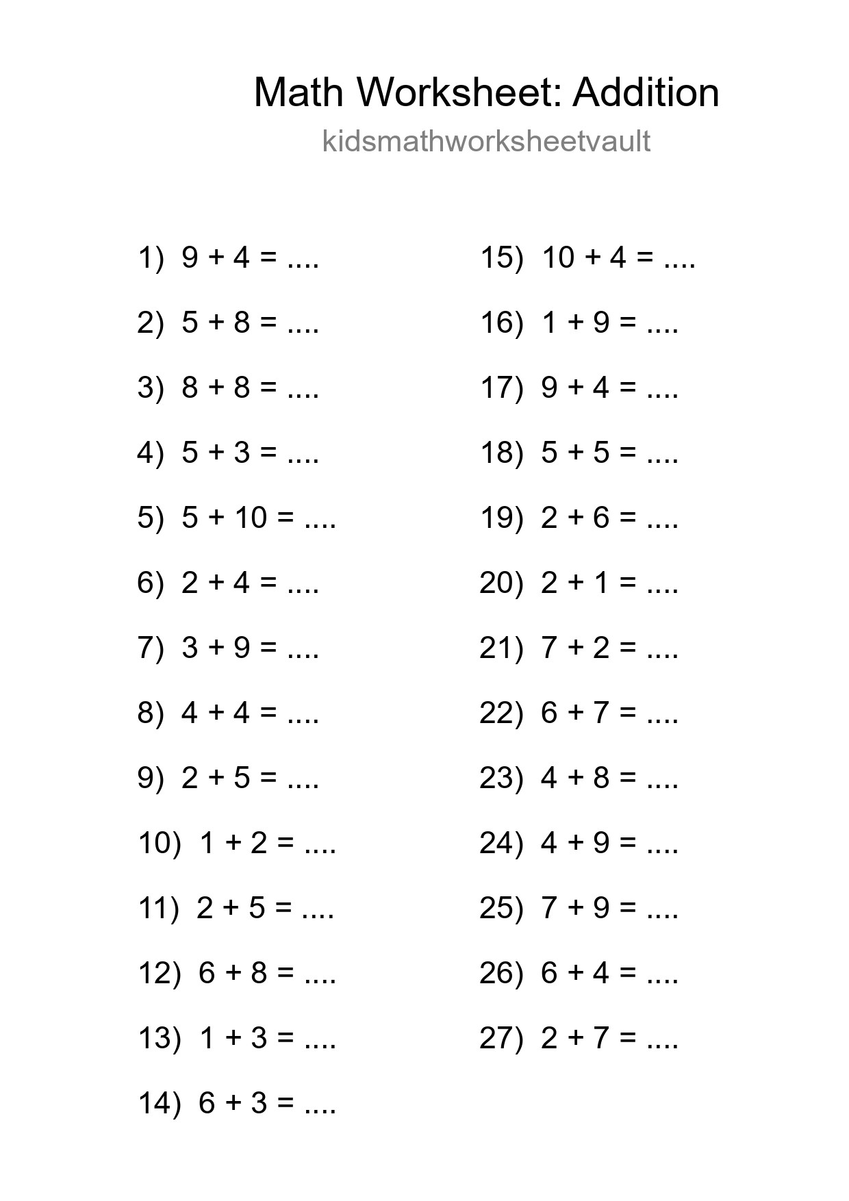 Free 27 Addition Math Worksheet For Grade 1 With Answers - Part 199