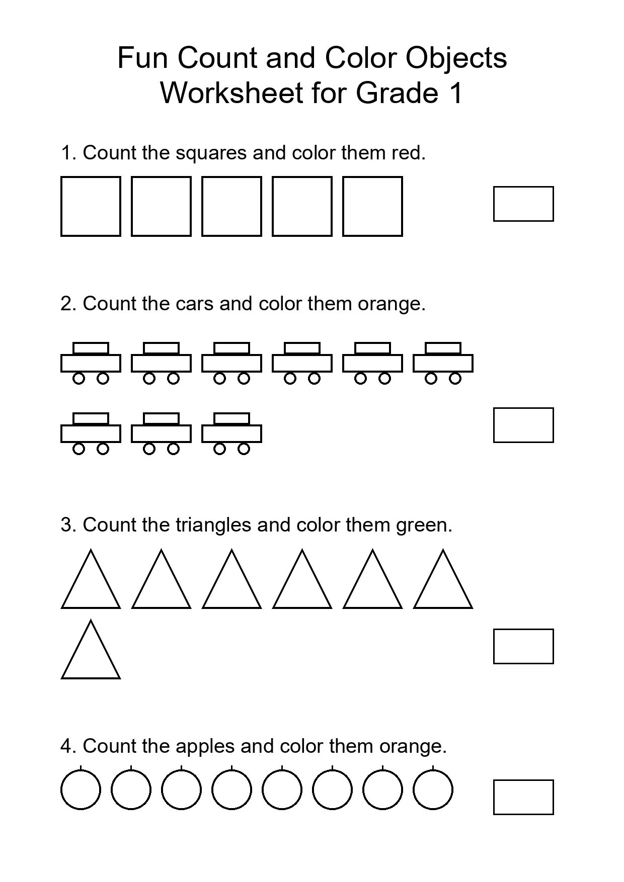 Fun Count and Color Objects Worksheet for Grade 1