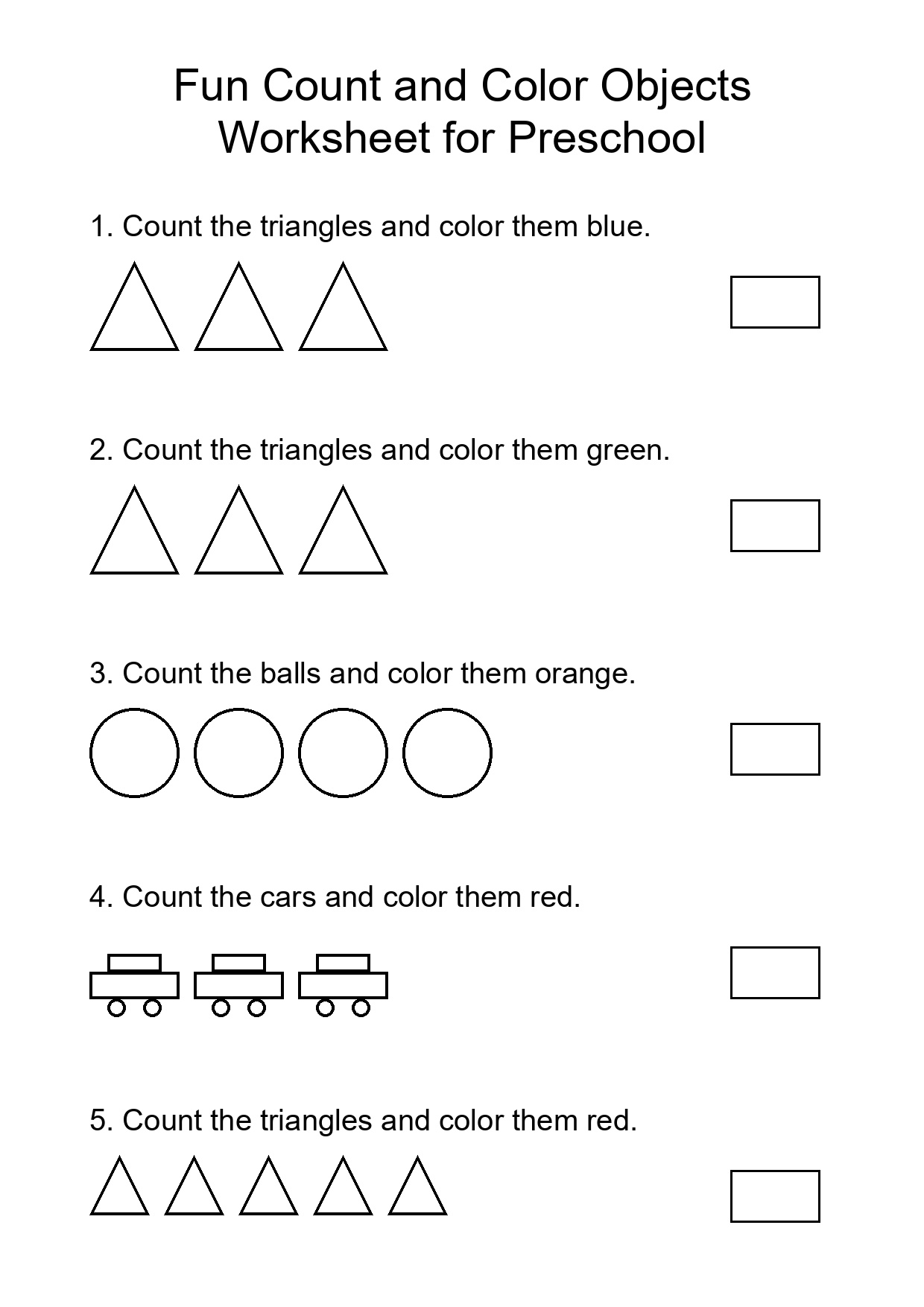 Fun Count and Color Objects Worksheet for Preschool