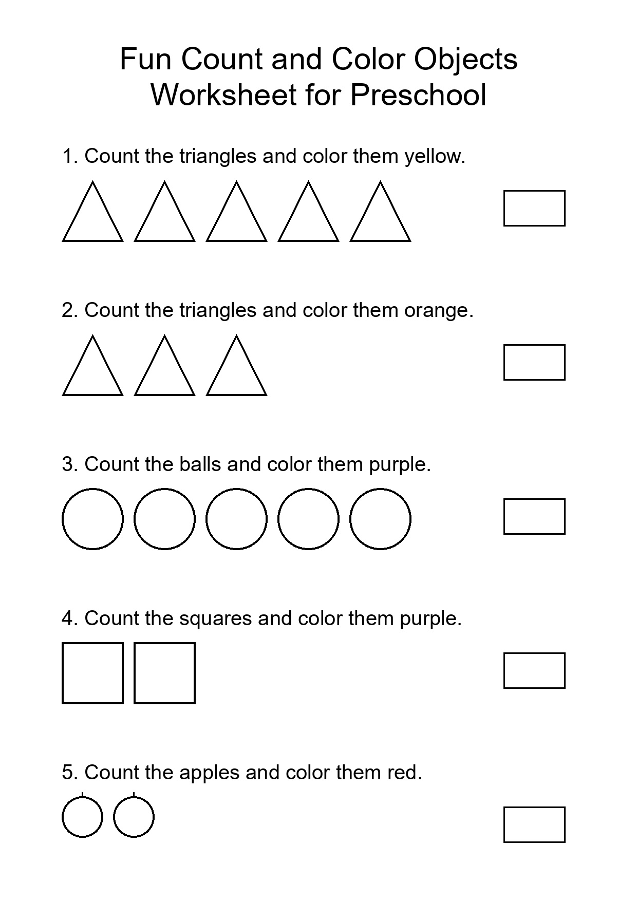 Fun Count and Color Objects Worksheet for Preschool