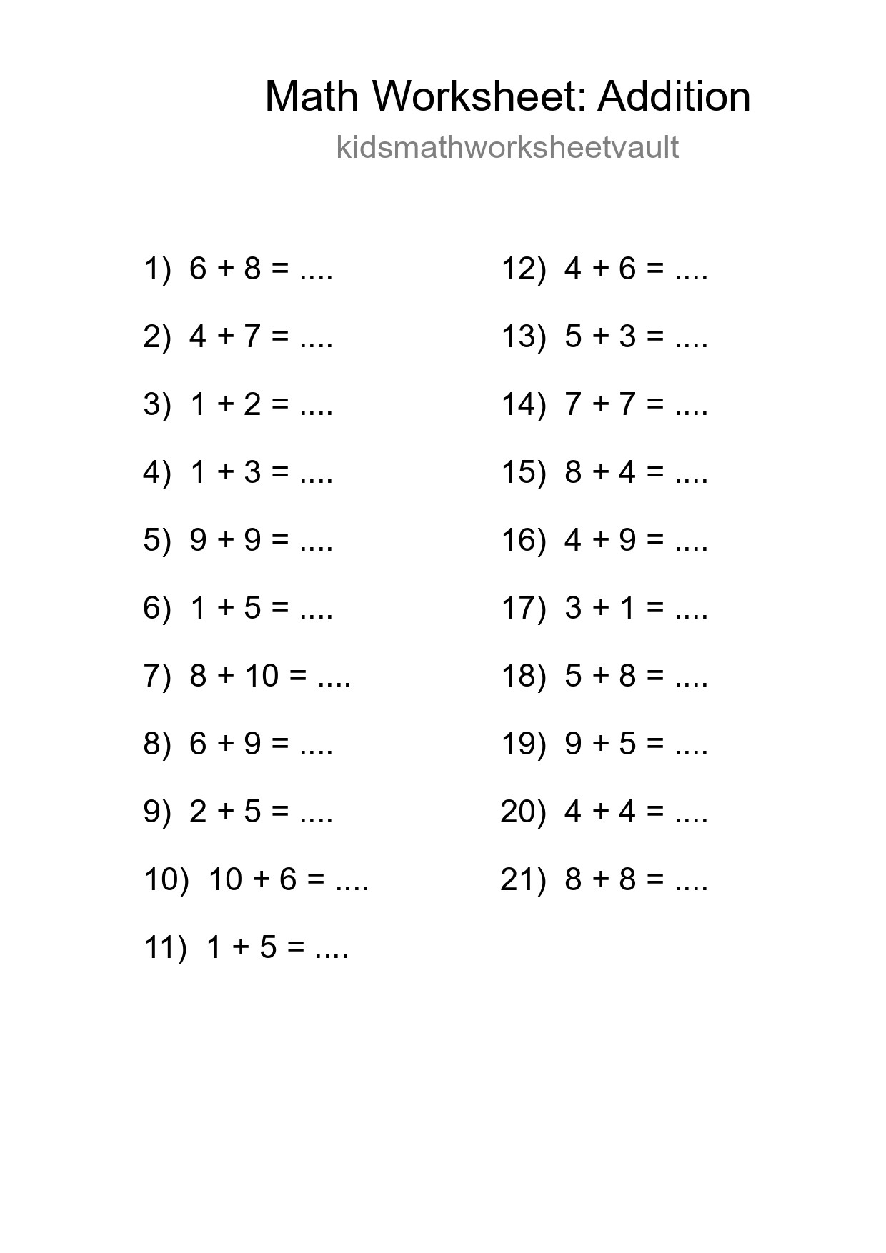 Grade 1 Addition Practice Worksheet (21 Problems) - Part 298