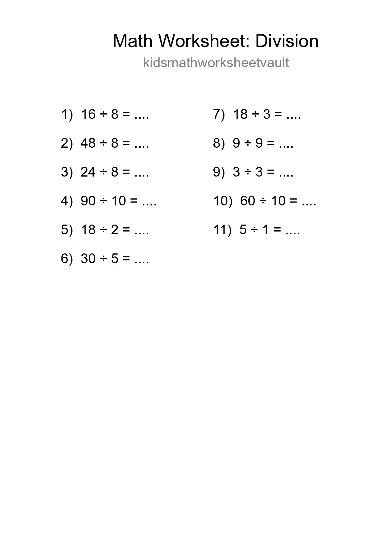 Grade 1 Division Practice Worksheet (11 Problems) - Part 26