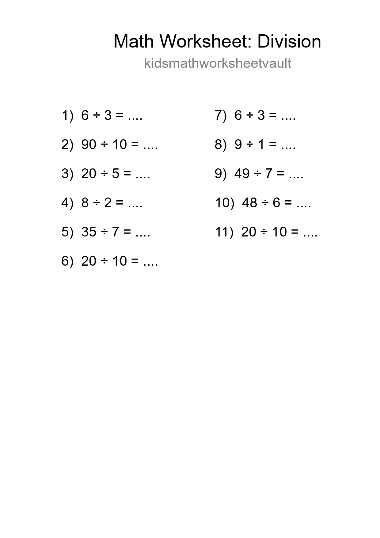 Grade 1 Division Practice Worksheet (11 Problems) - Part 268