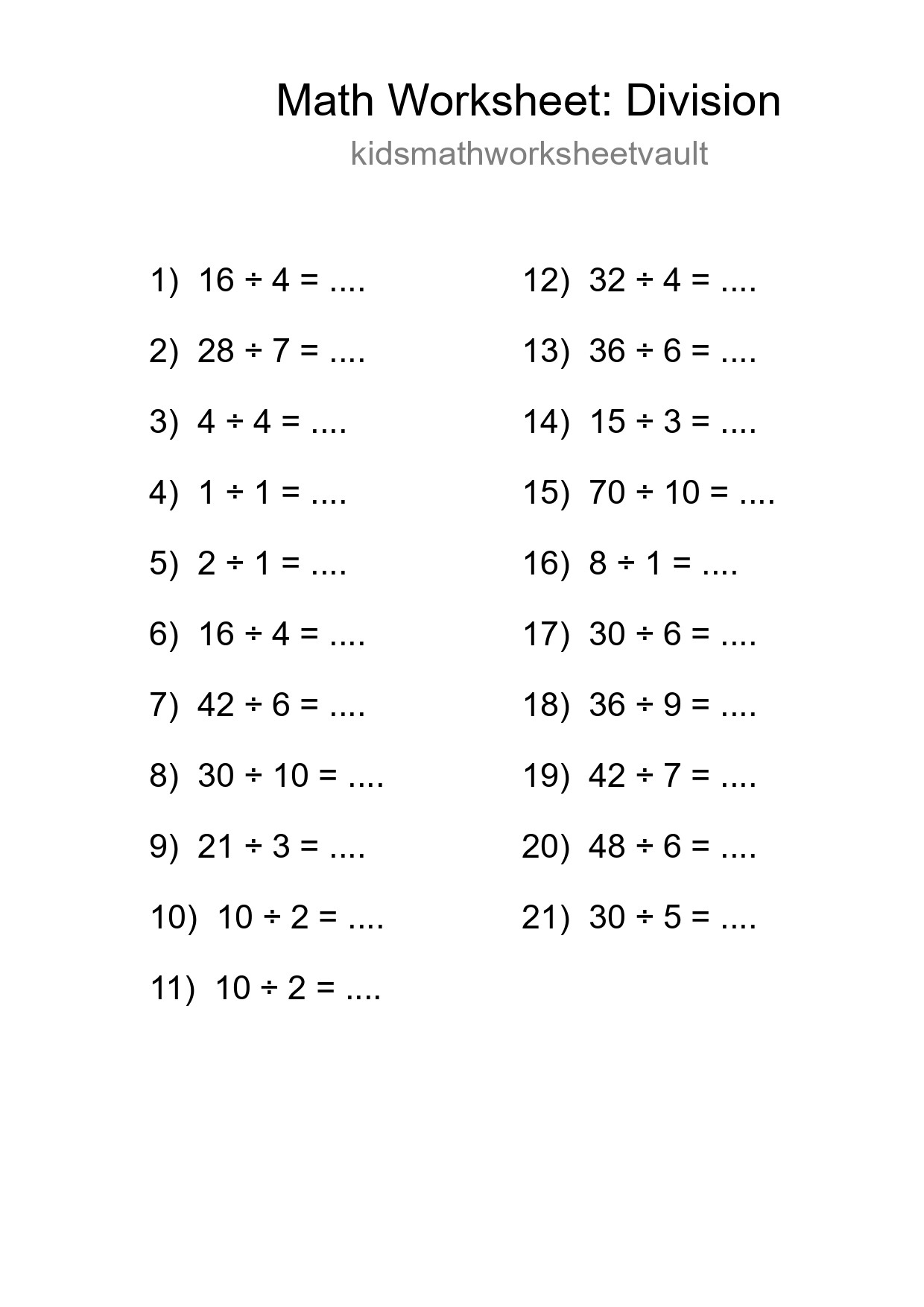 Grade 1 Division Practice Worksheet (21 Problems) - Part 81