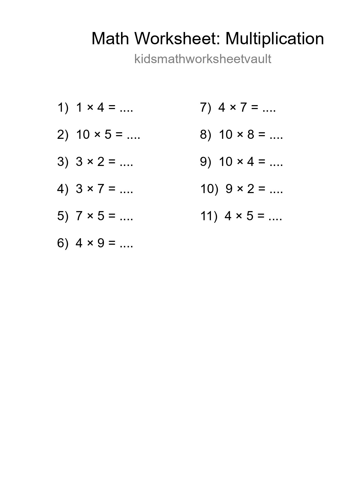 Grade 1 Multiplication Practice Worksheet (11 Problems) - Part 238