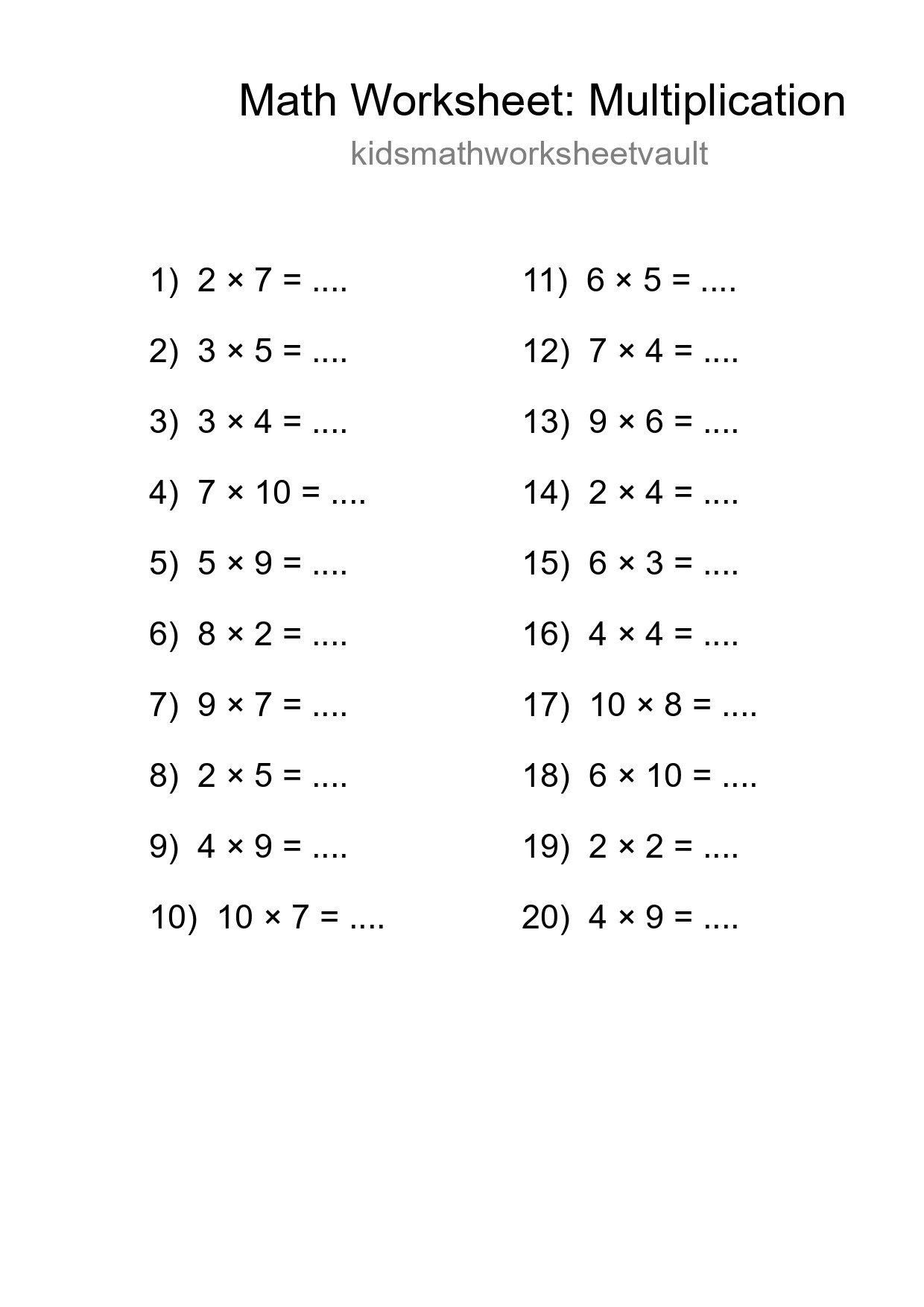 Grade 1 Multiplication Practice Worksheet (20 Problems) - Part 18