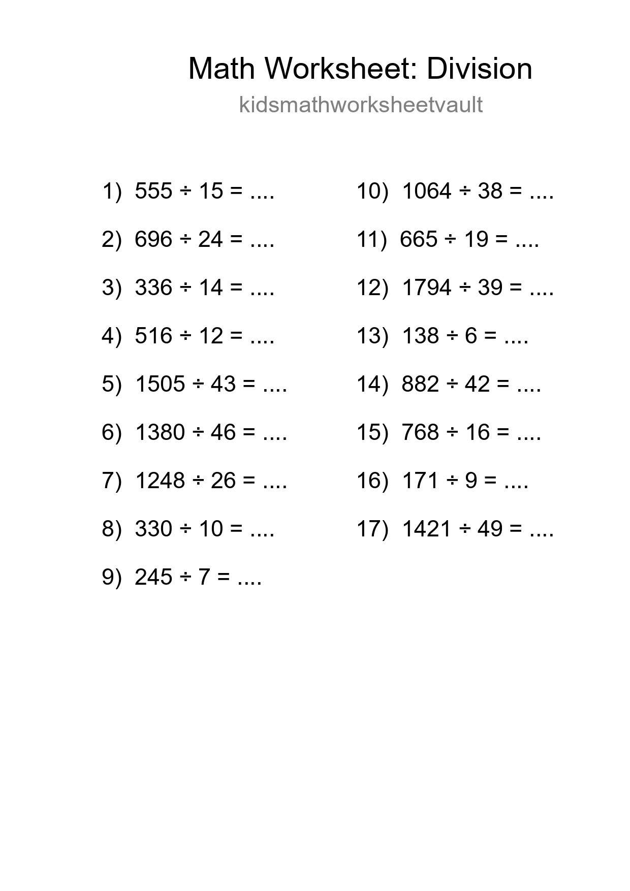 Grade 2 Division Practice Worksheet (17 Problems) - Part 92