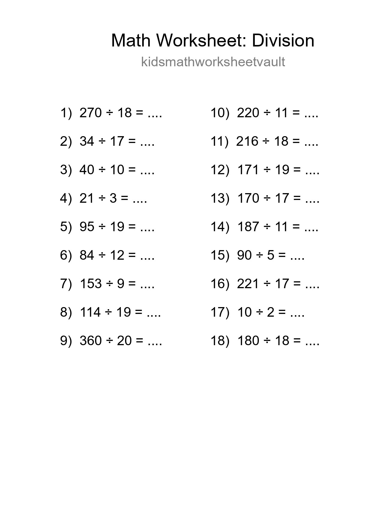 Grade 2 Division Practice Worksheet (18 Problems) - Part 202