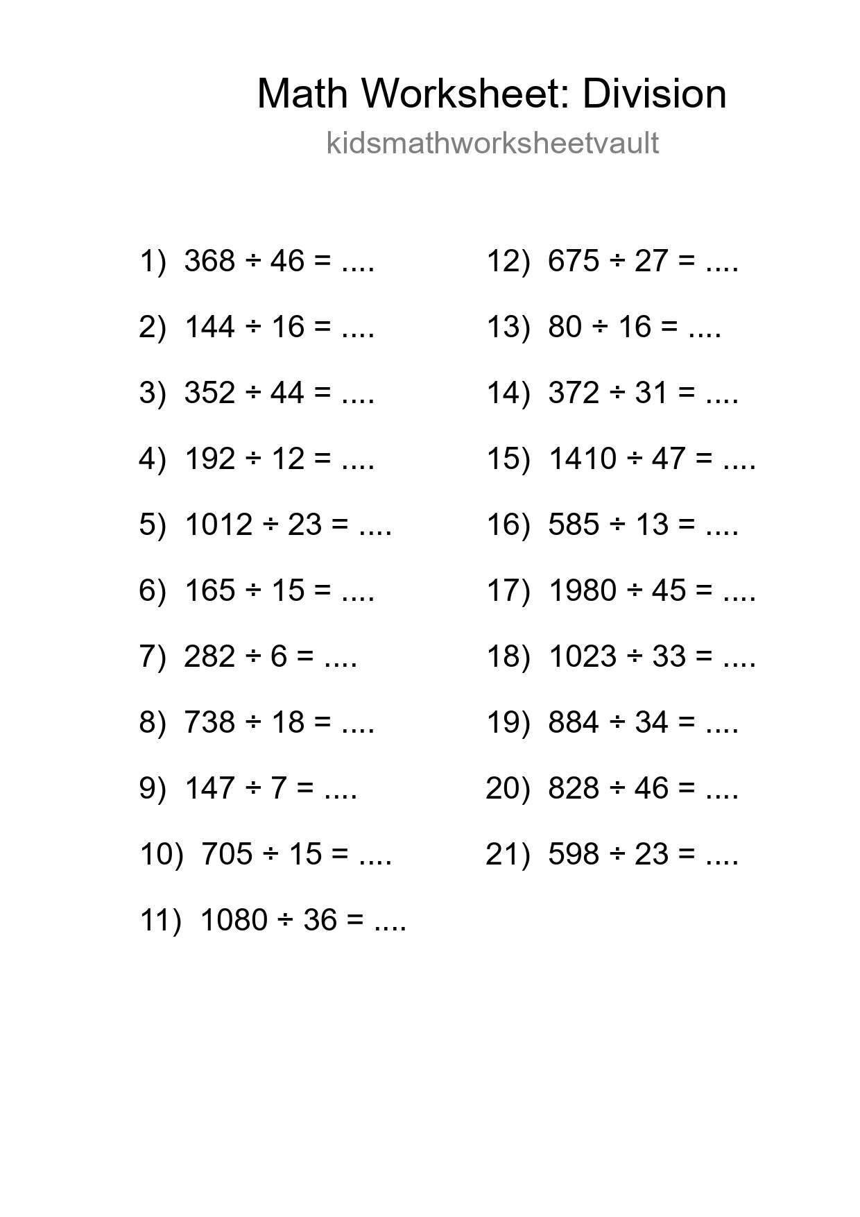 Grade 2 Division Practice Worksheet (21 Problems) - Part 224