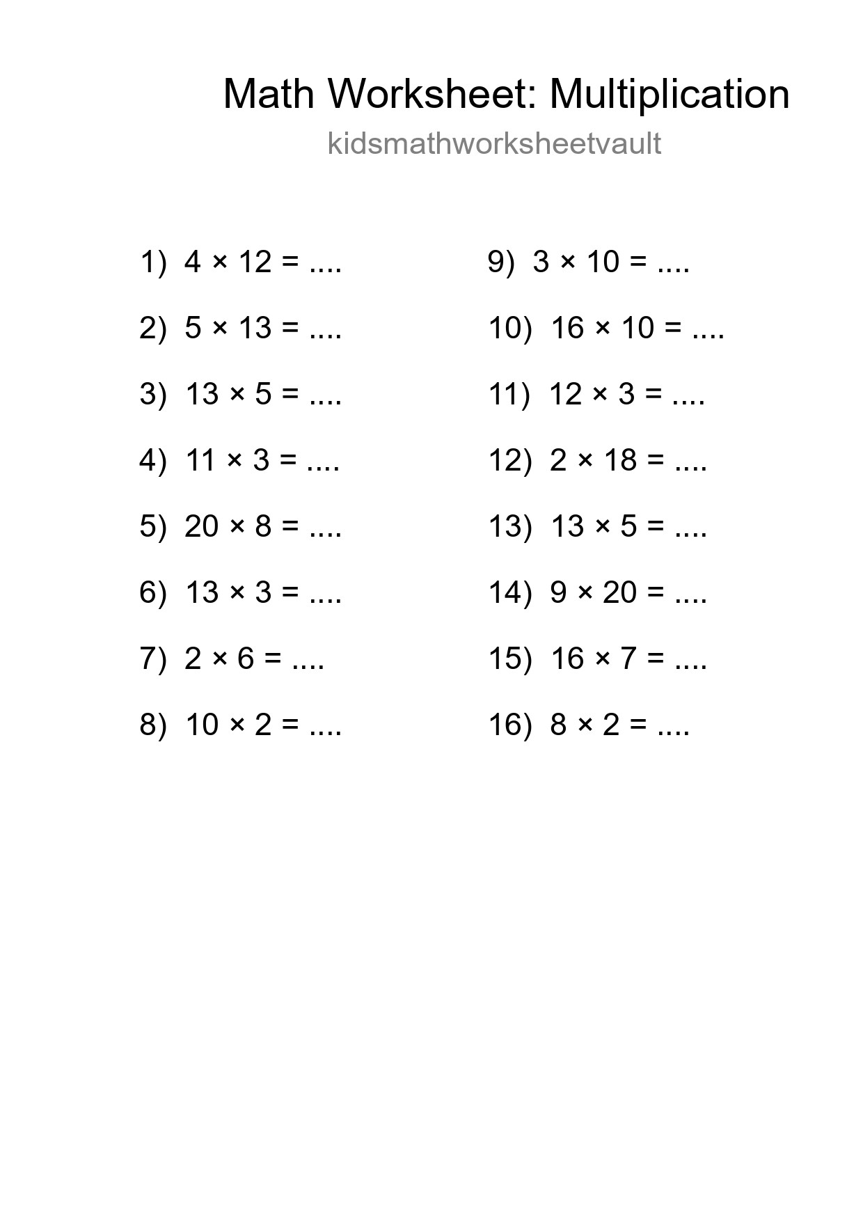Grade 2 Multiplication Practice Worksheet (16 Problems) - Part 161