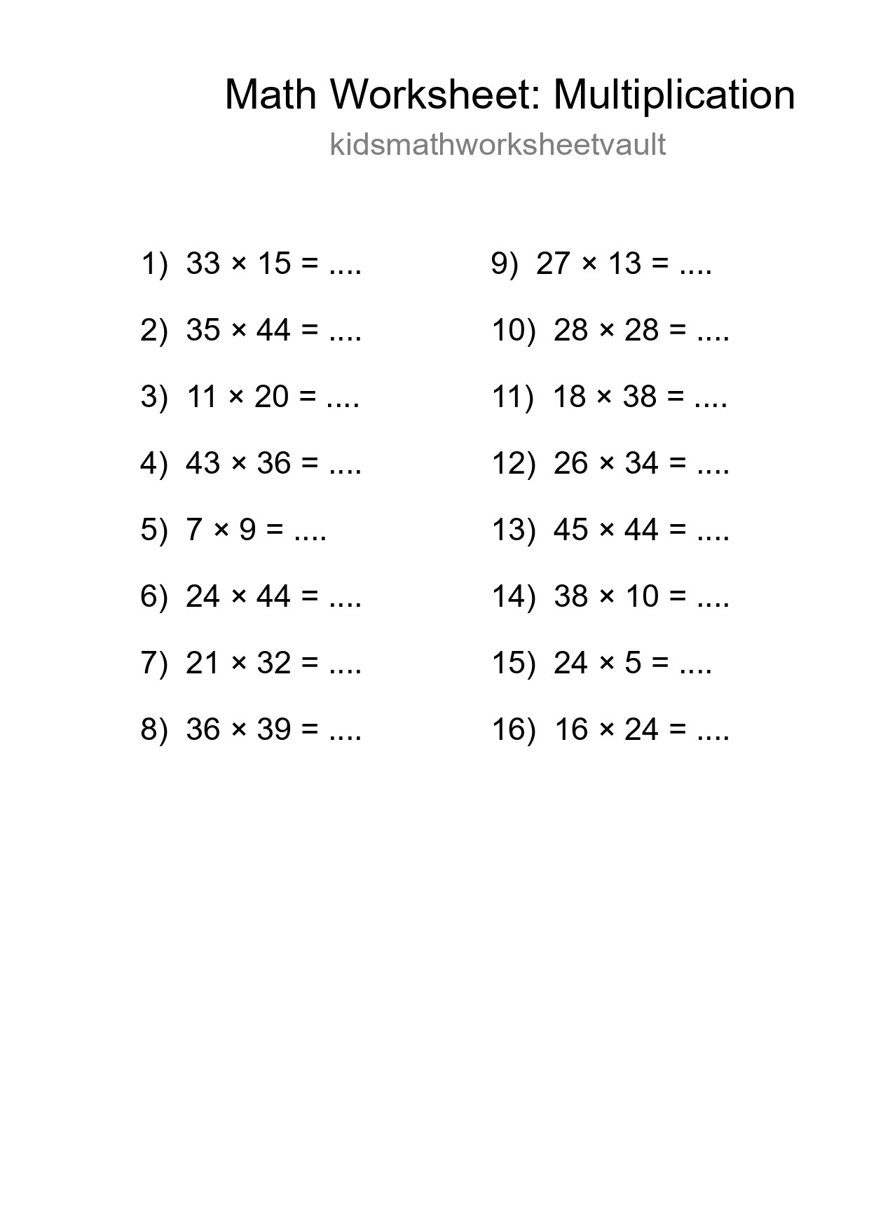 Grade 2 Multiplication Practice Worksheet (16 Problems) - Part 95