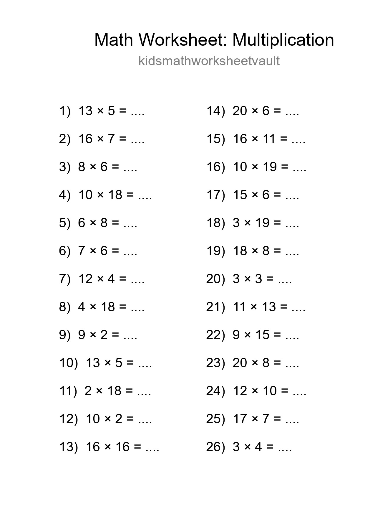 Grade 2 Multiplication Practice Worksheet (26 Problems) - Part 106