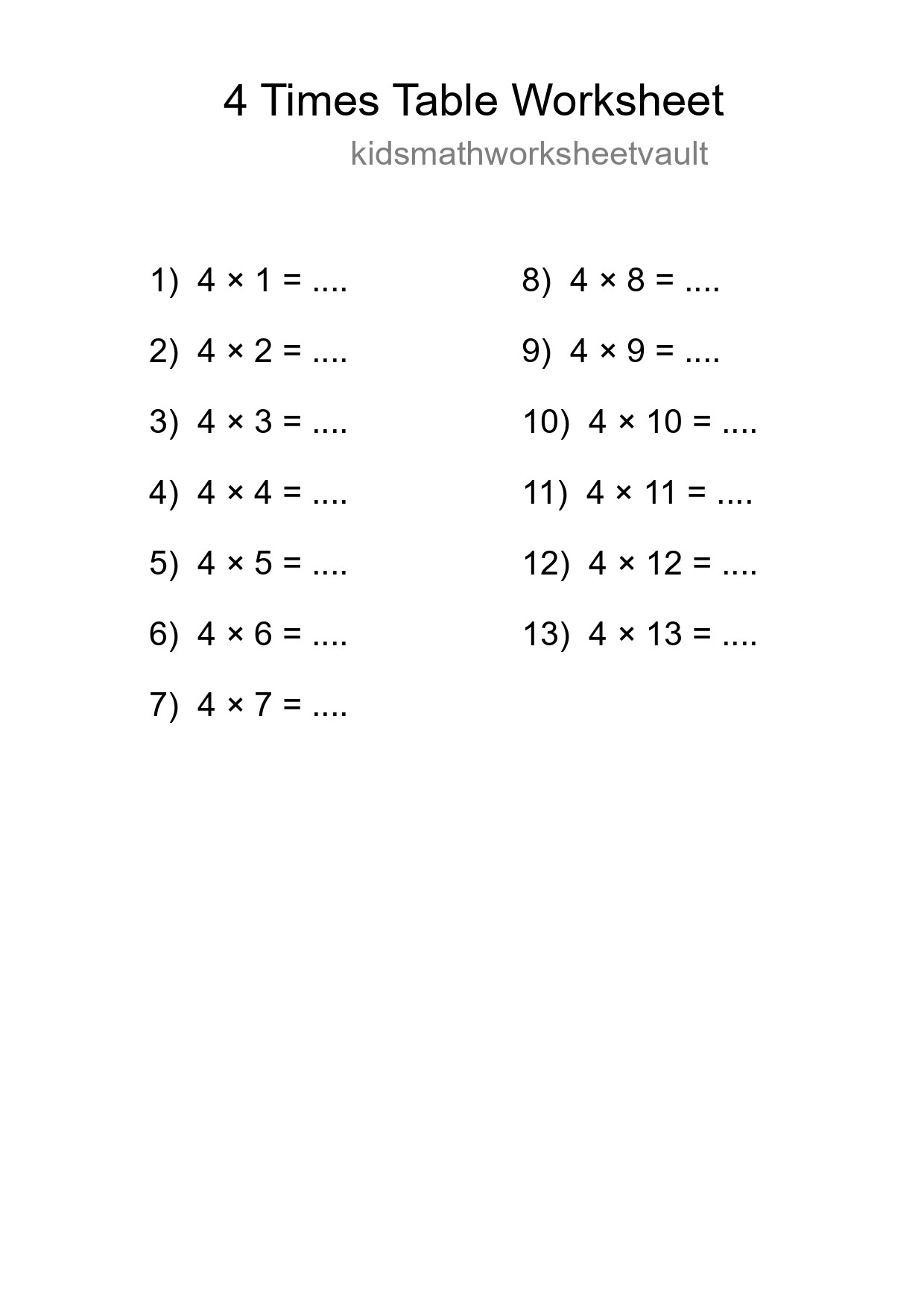 Grade 2 Multiplication Table 4 Practice - Part 75