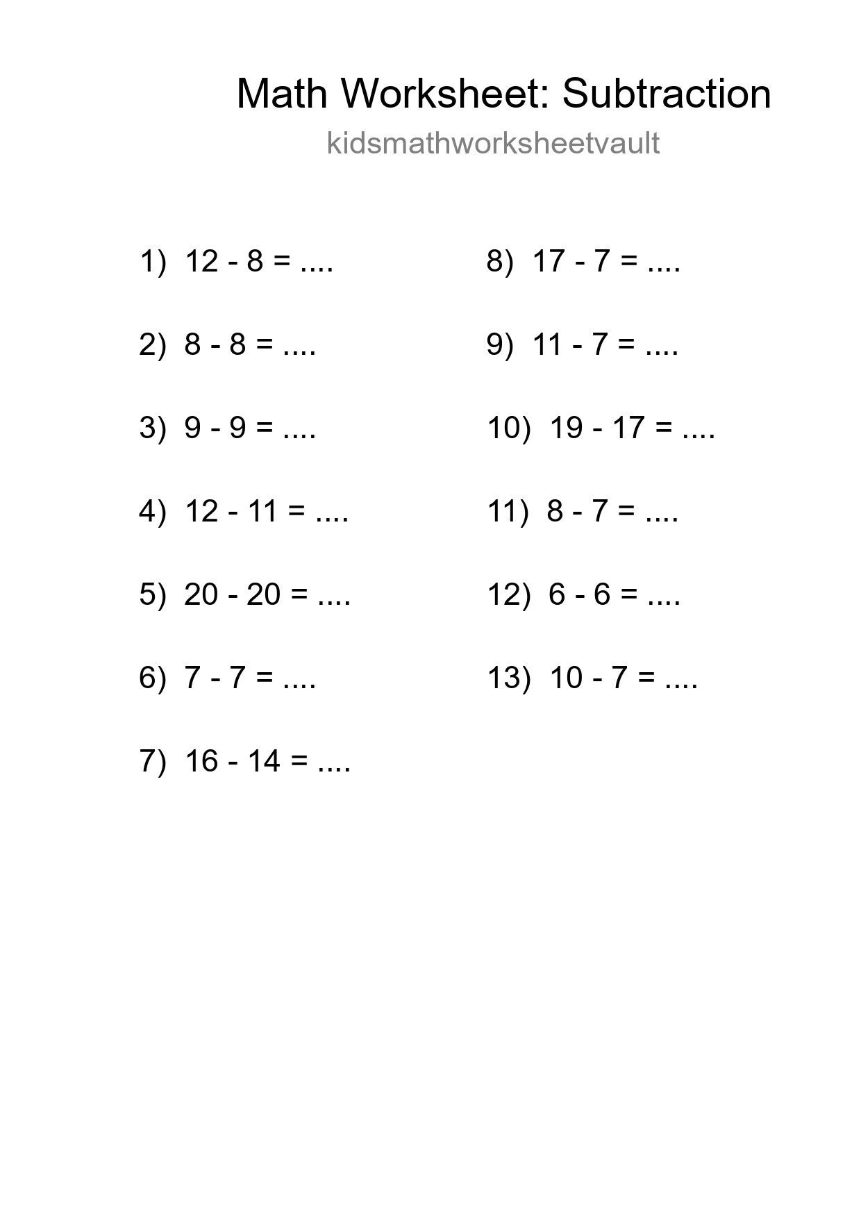 Grade 2 Subtraction Practice Worksheet (13 Problems) - Part 30