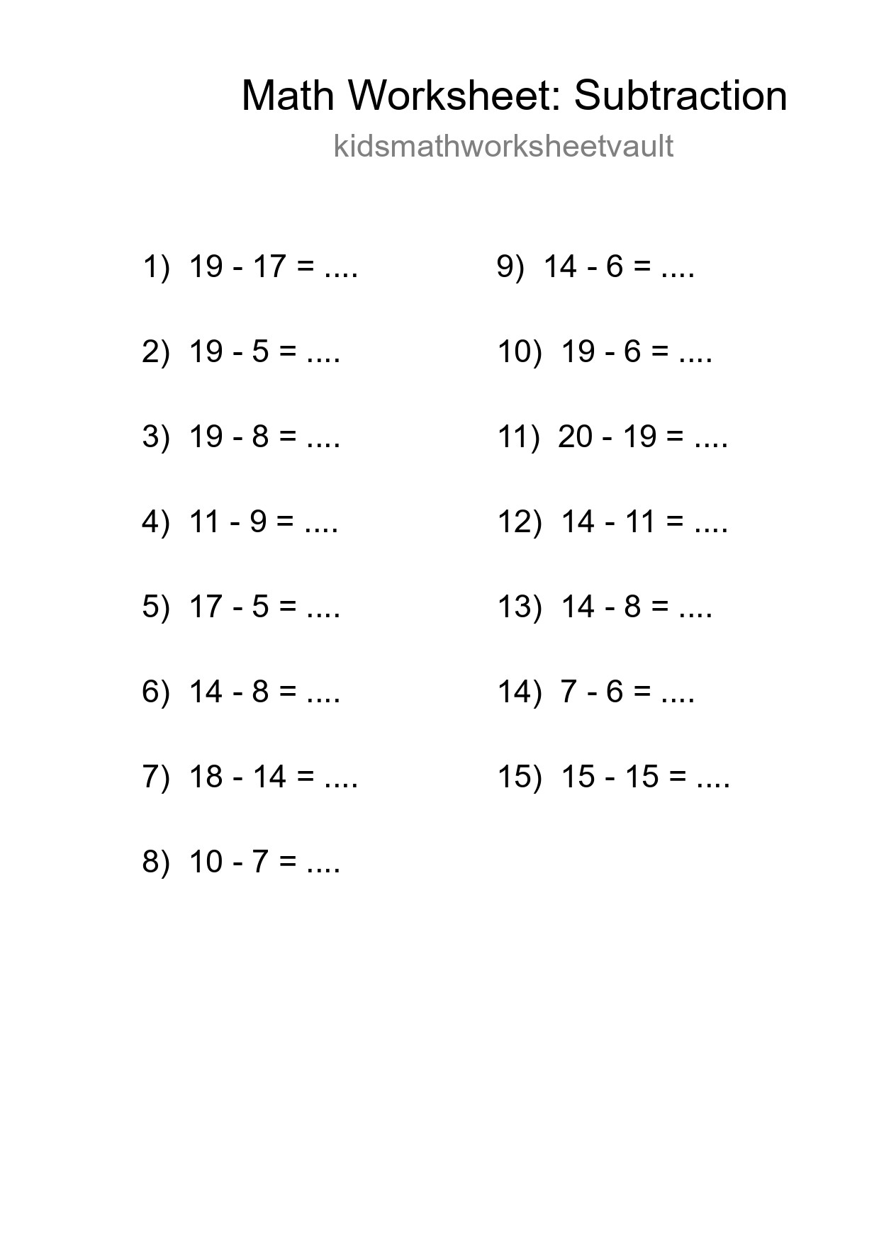 Grade 2 Subtraction Practice Worksheet (15 Problems) - Part 228