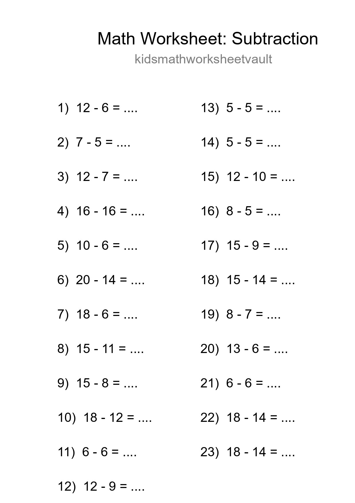 Grade 2 Subtraction Practice Worksheet (23 Problems) - Part 74