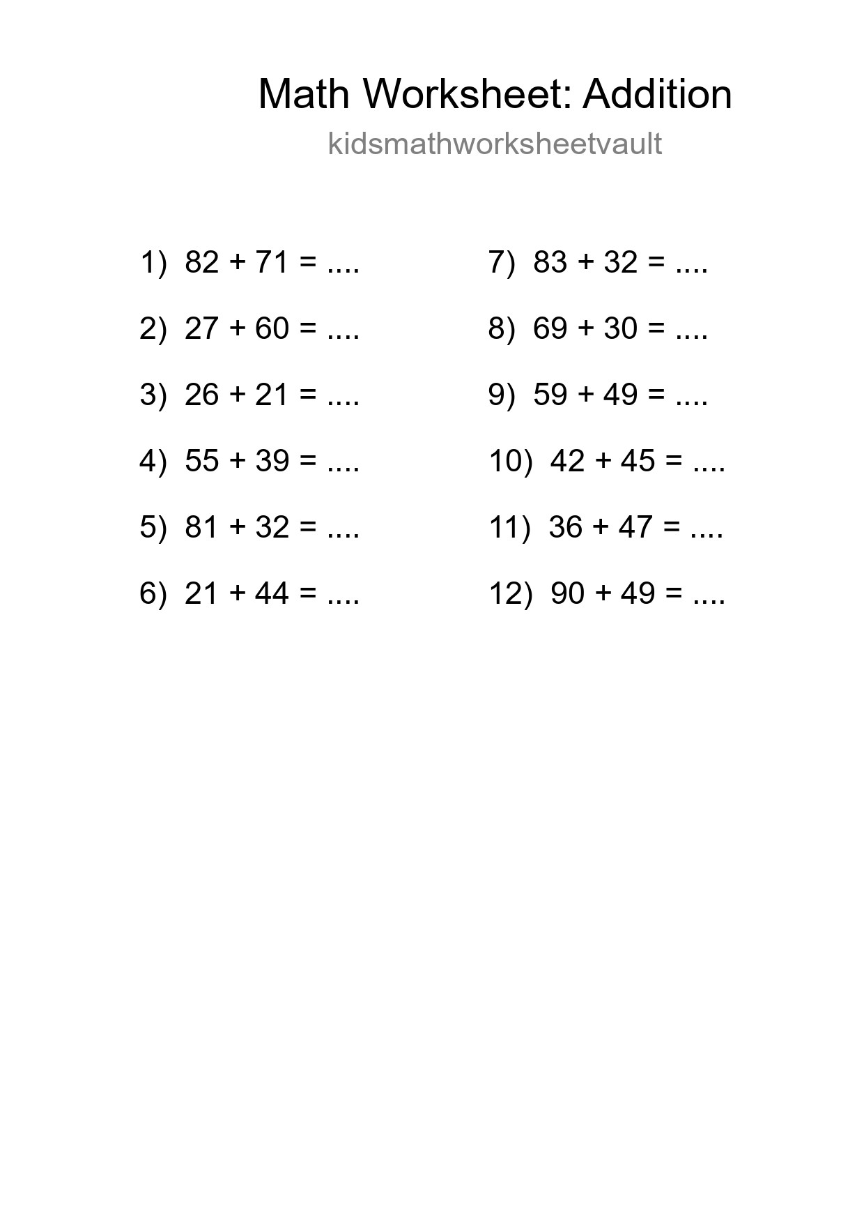 Grade 3 Addition Practice Worksheet (12 Problems) - Part 210
