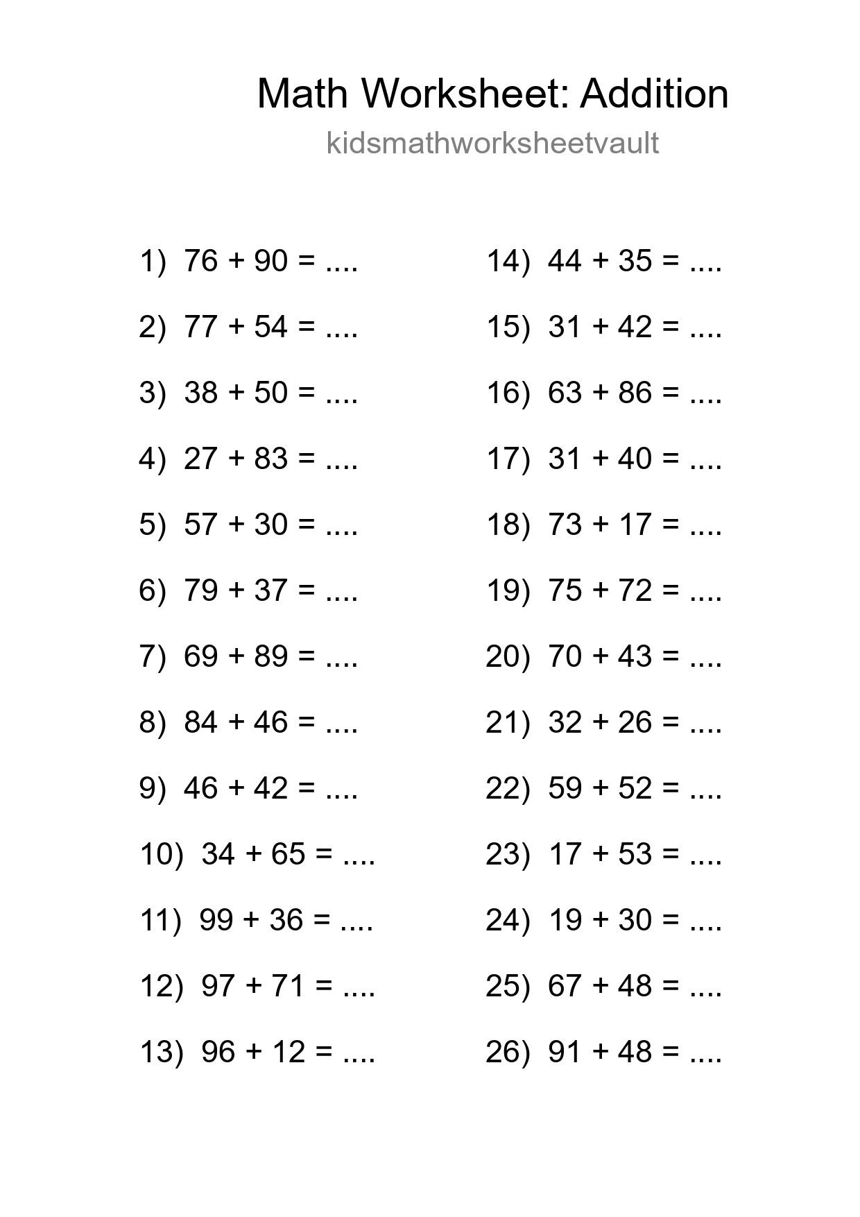 Grade 3 Addition Practice Worksheet (26 Problems) - Part 78