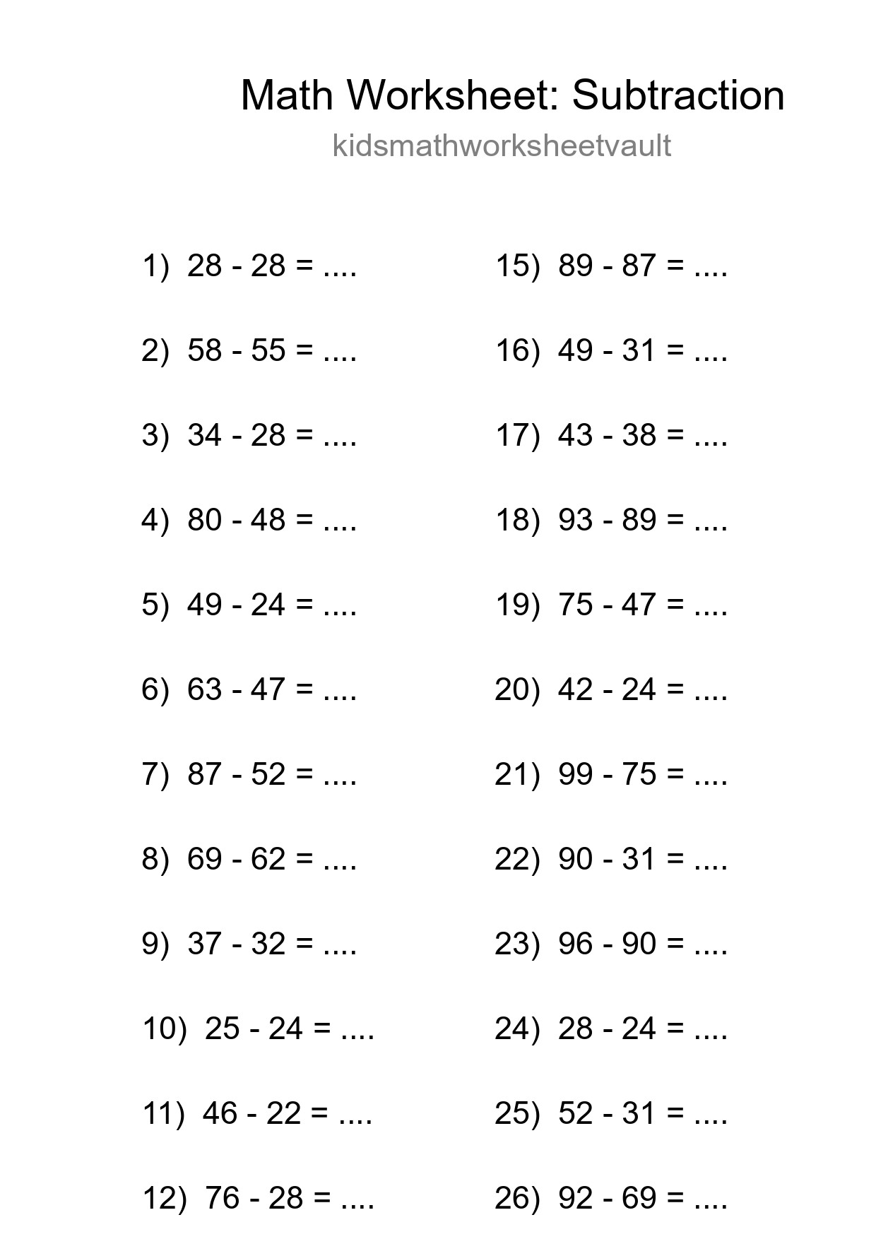 Grade 3 Subtraction Practice Worksheet (27 Problems) - Part 272