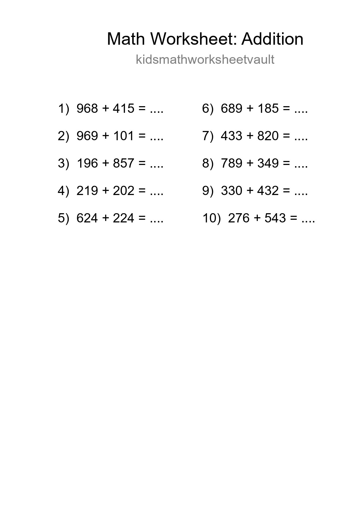 Grade 5 Addition Practice Worksheet (10 Problems) - Part 276