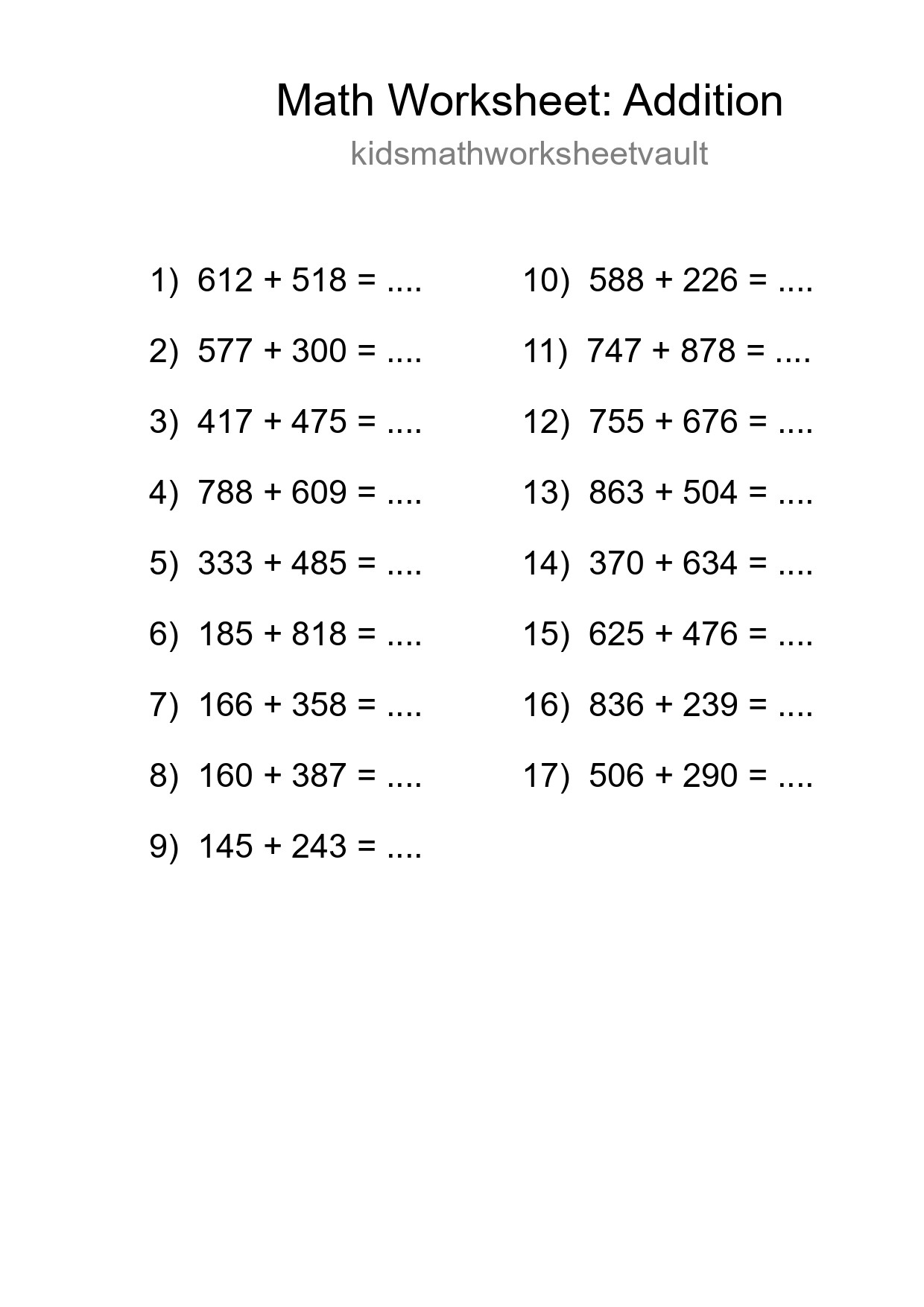 Grade 5 Addition Practice Worksheet (17 Problems) - Part 56