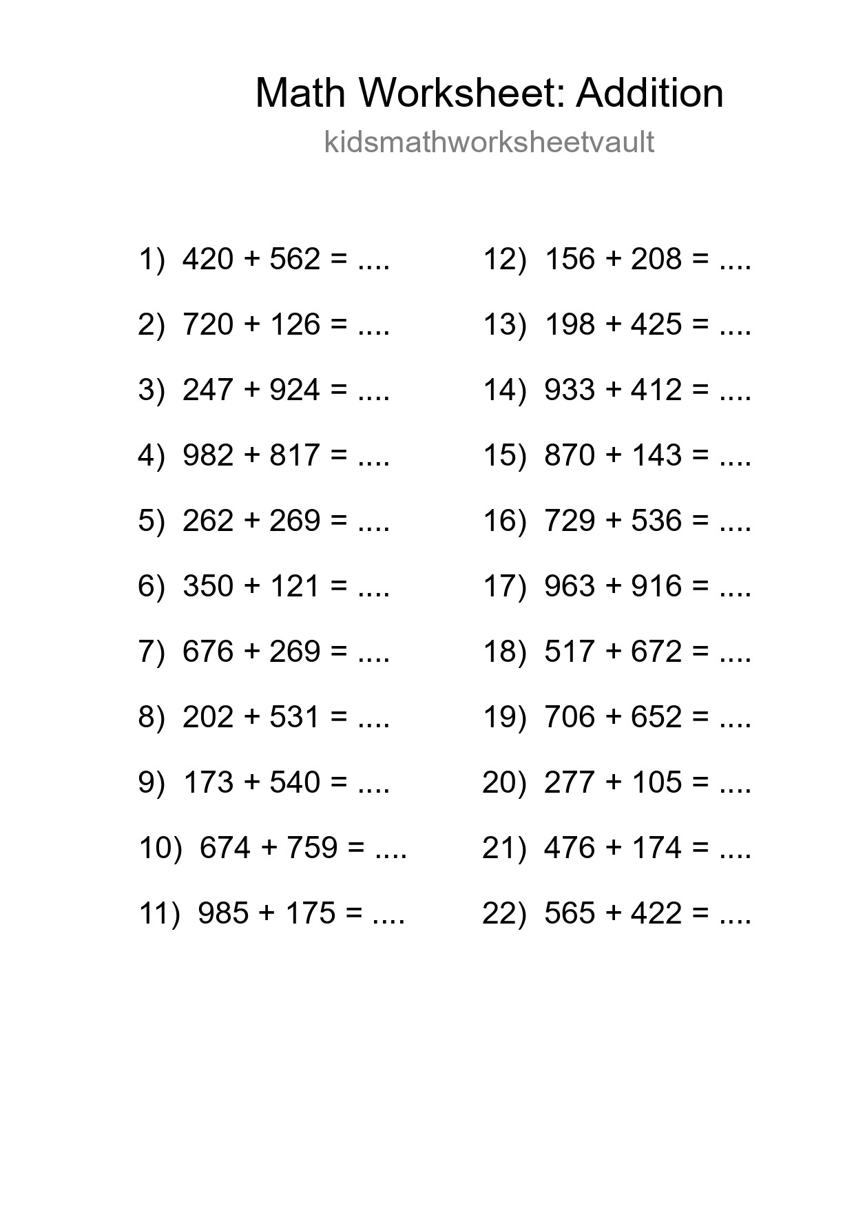 Grade 5 Addition Practice Worksheet (22 Problems) - Part 166