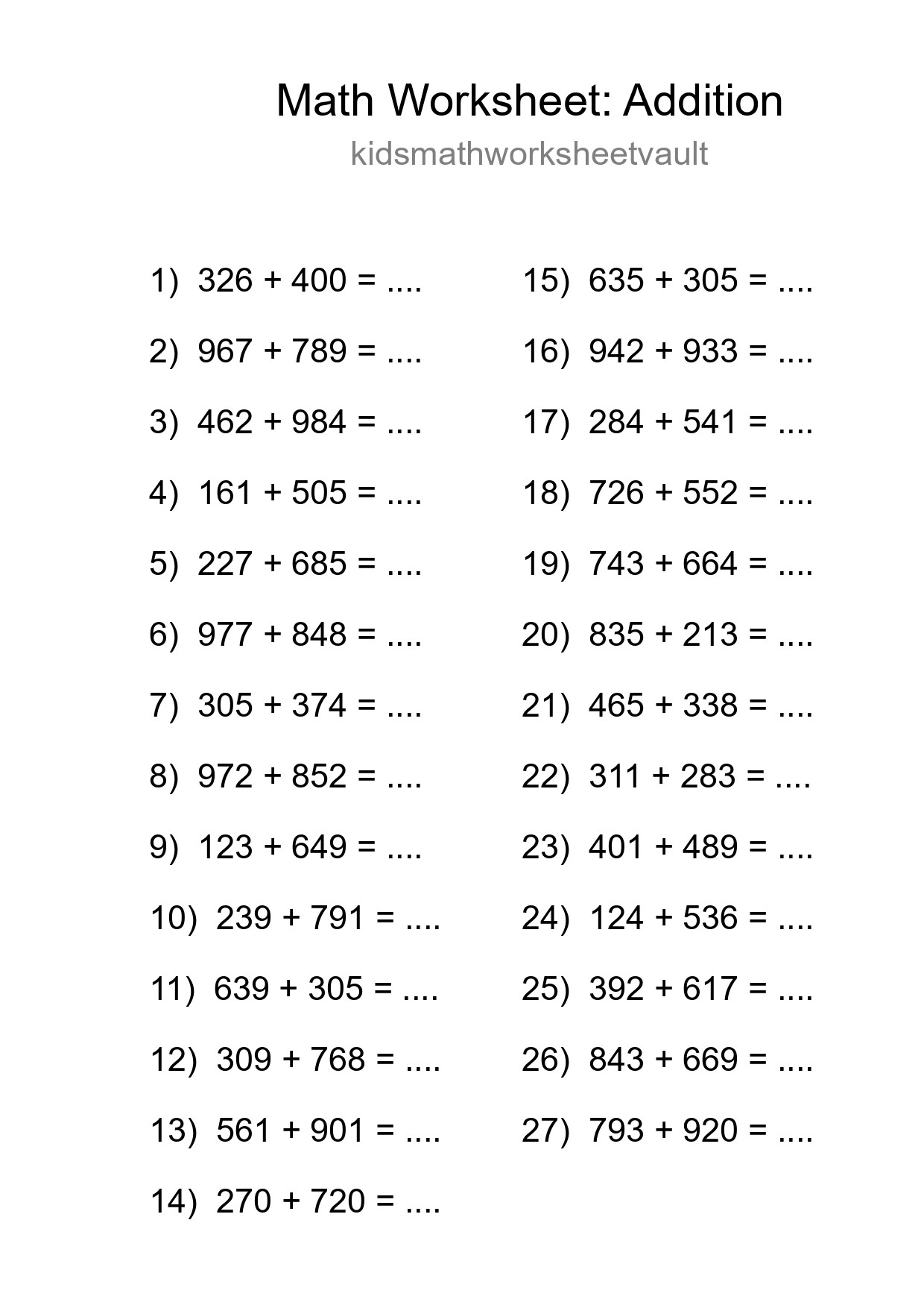 Grade 5 Addition Practice Worksheet (27 Problems) - Part 122