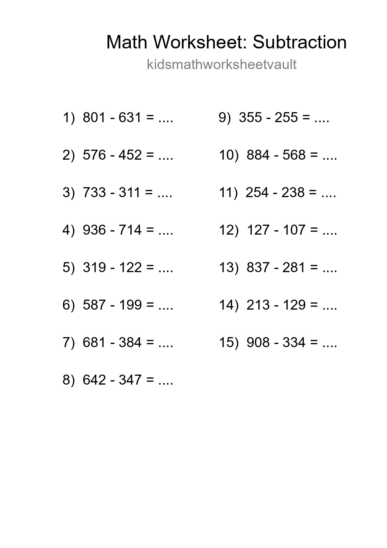 Grade 5 Subtraction Practice Worksheet (15 Problems) - Part 140