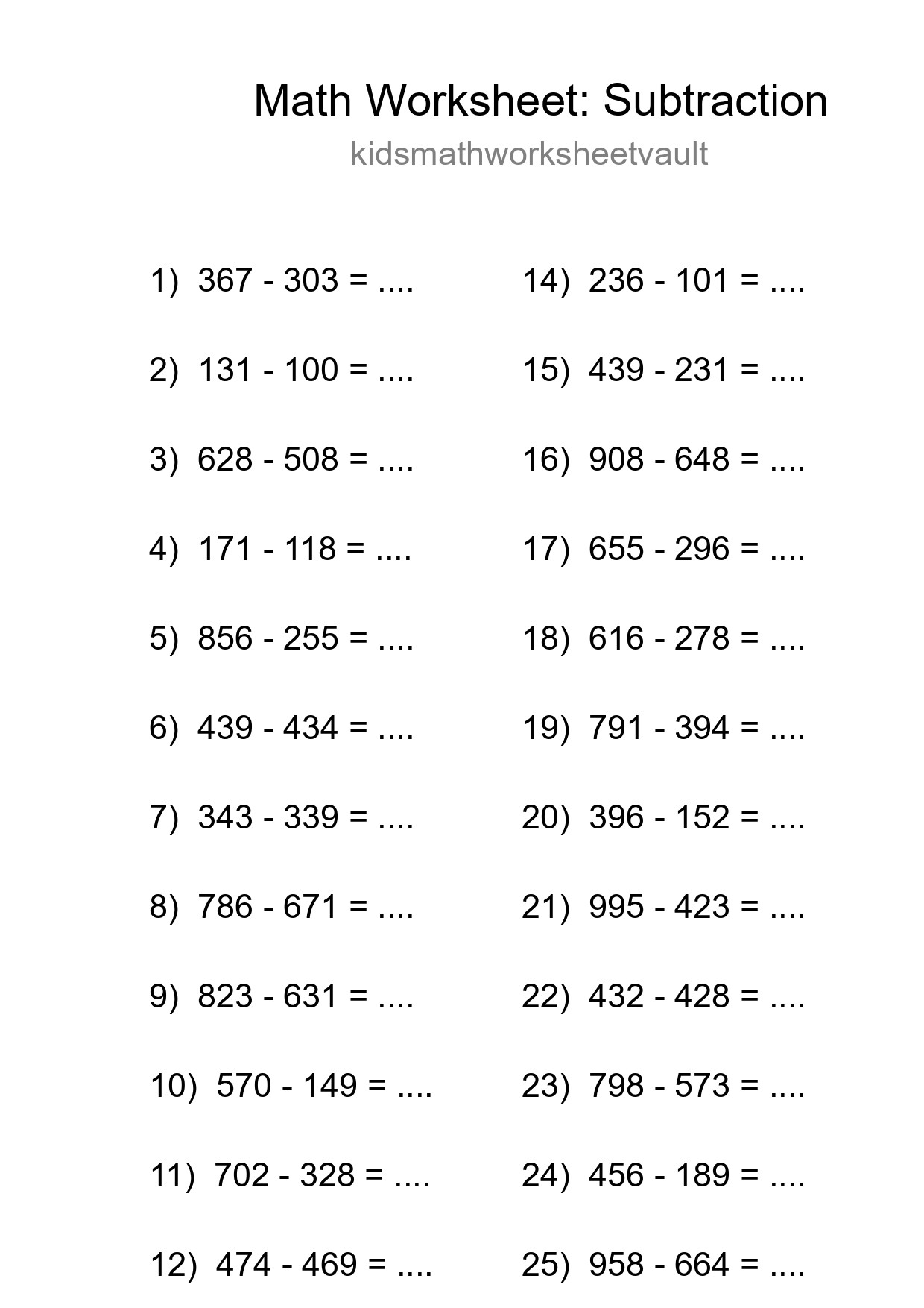 Grade 5 Subtraction Practice Worksheet (25 Problems) - Part 294