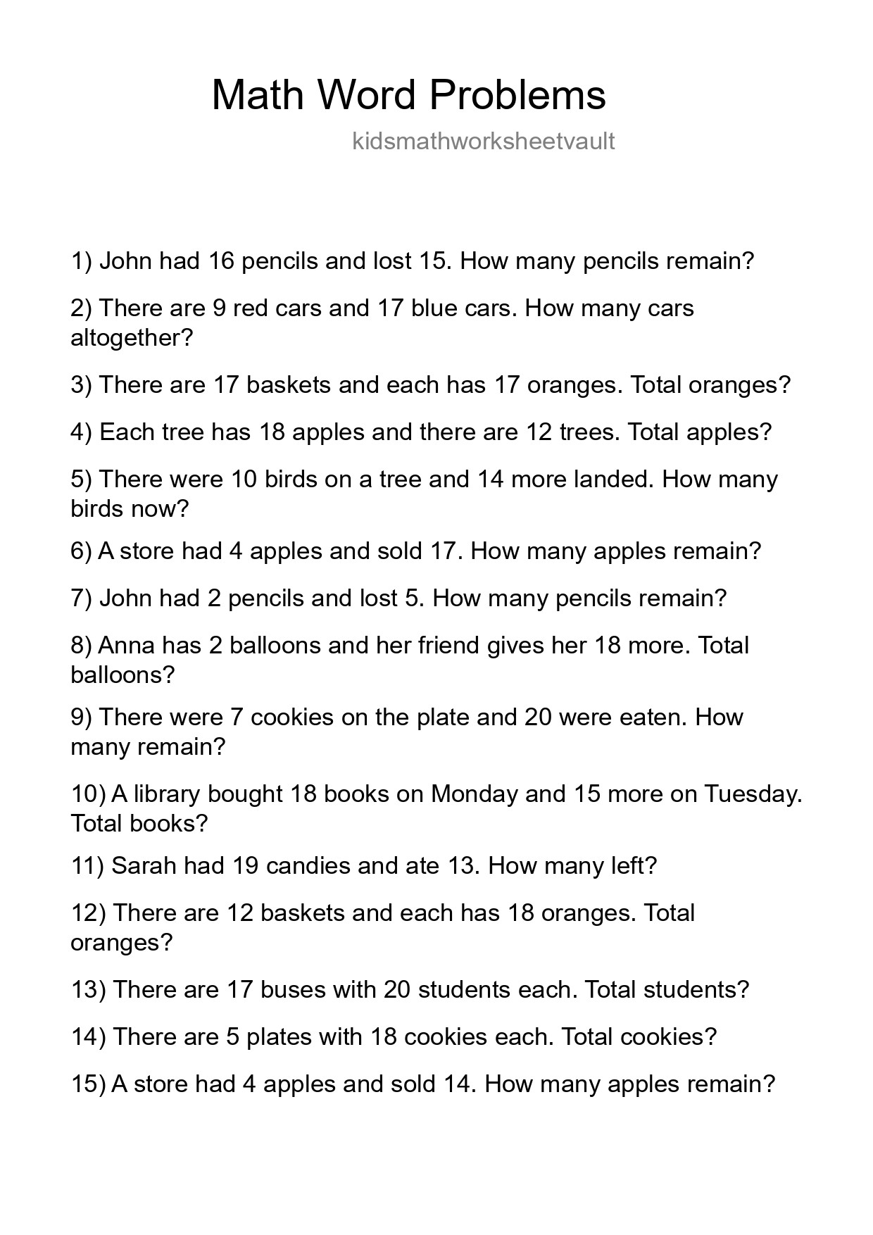 Math Word Problem Worksheet