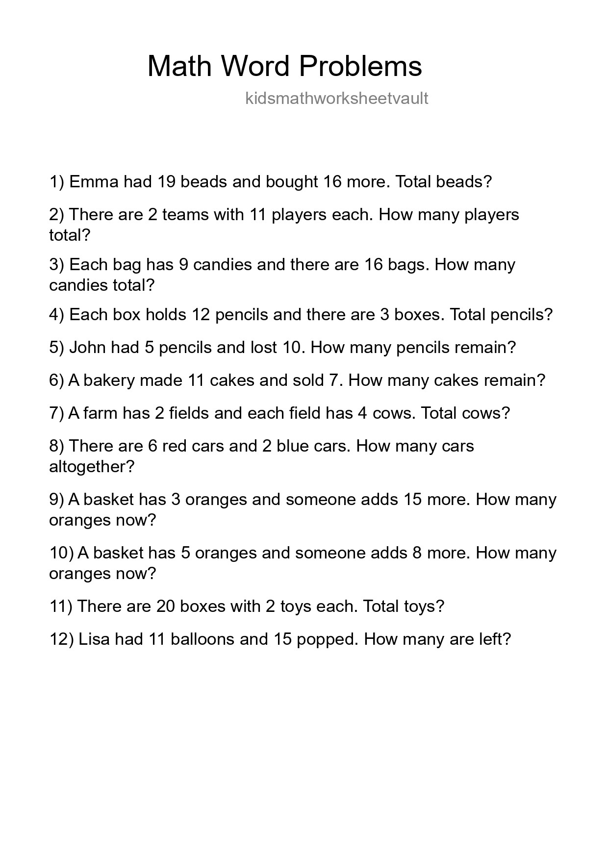 Math Word Problem Worksheet