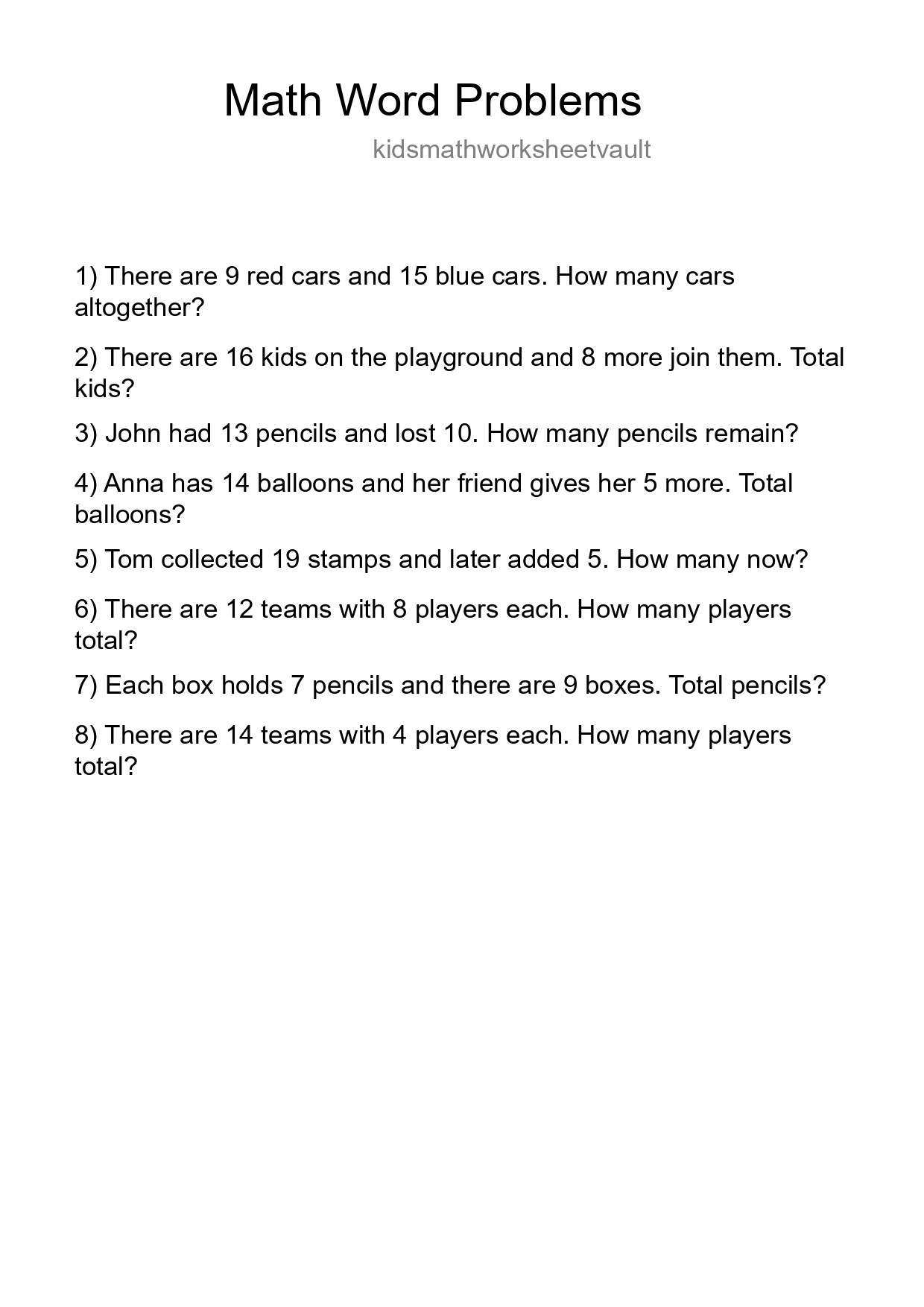 Math Word Problem Worksheet