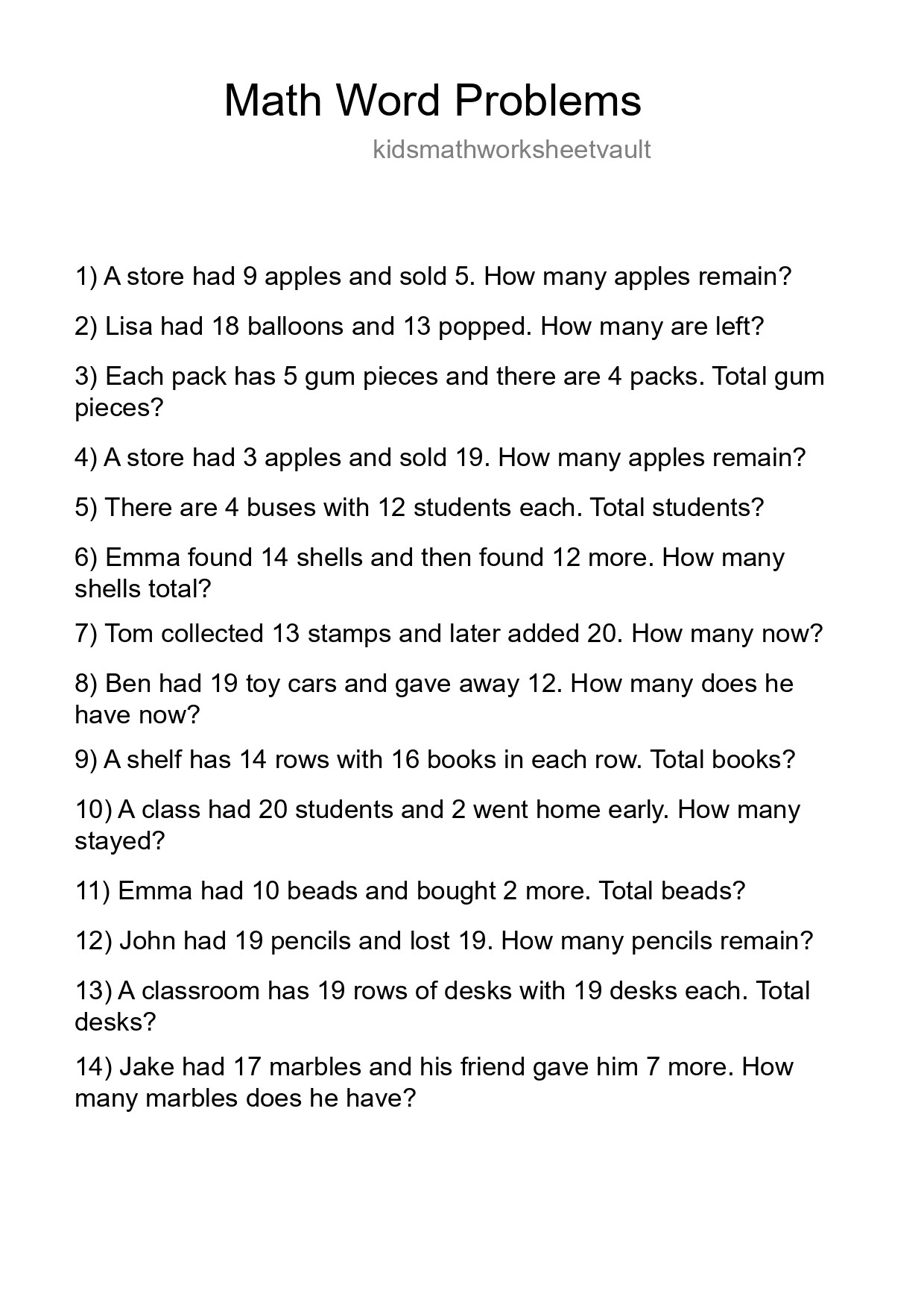 Math Word Problem Worksheet