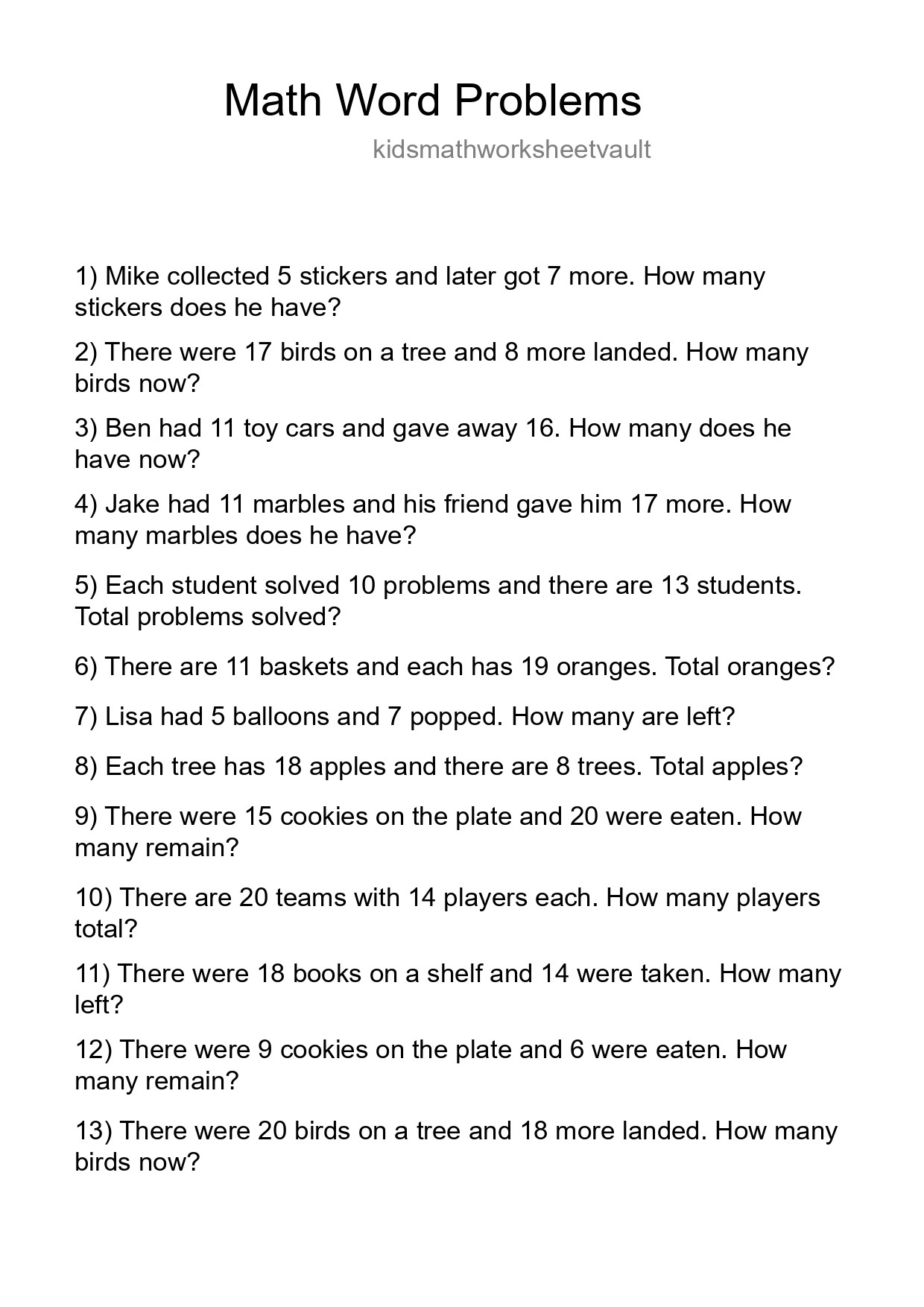 Math Word Problem Worksheet