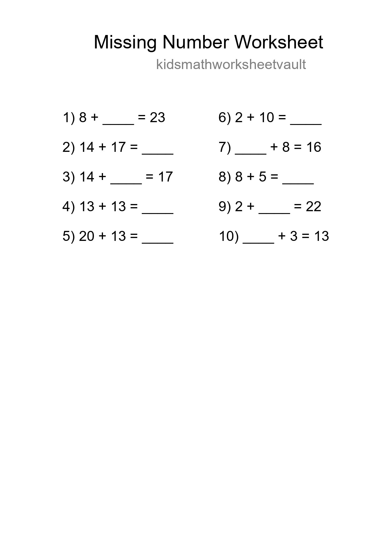 Missing Number Math Worksheet