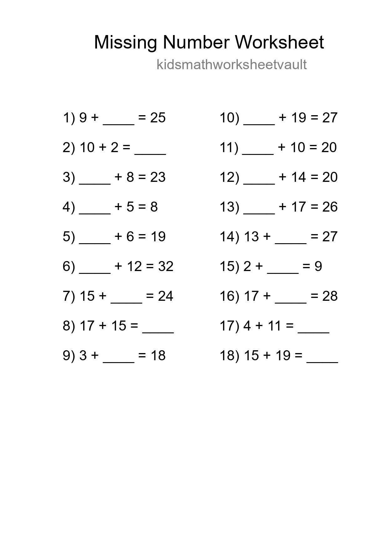 Missing Number Math Worksheet