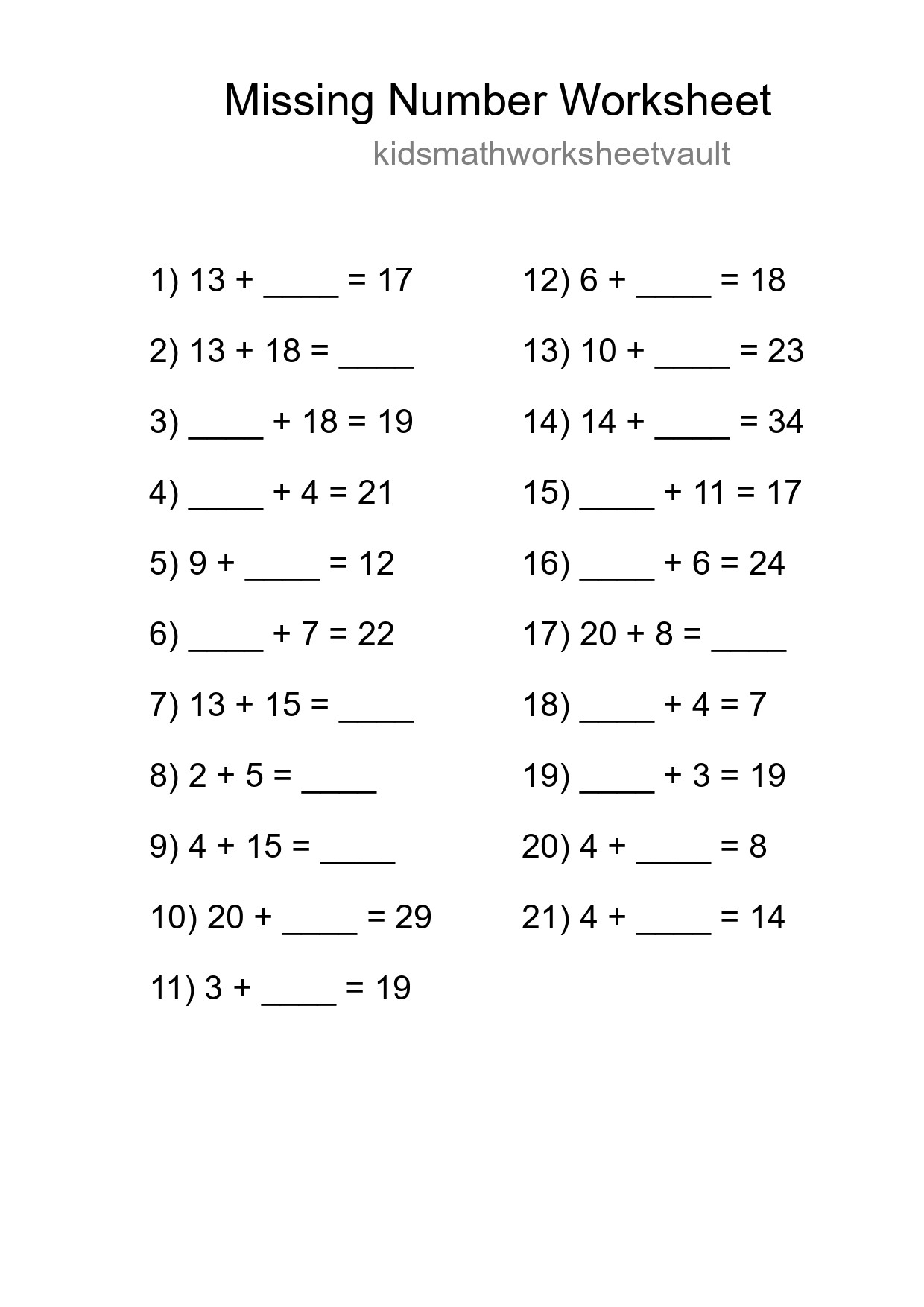 Missing Number Math Worksheet