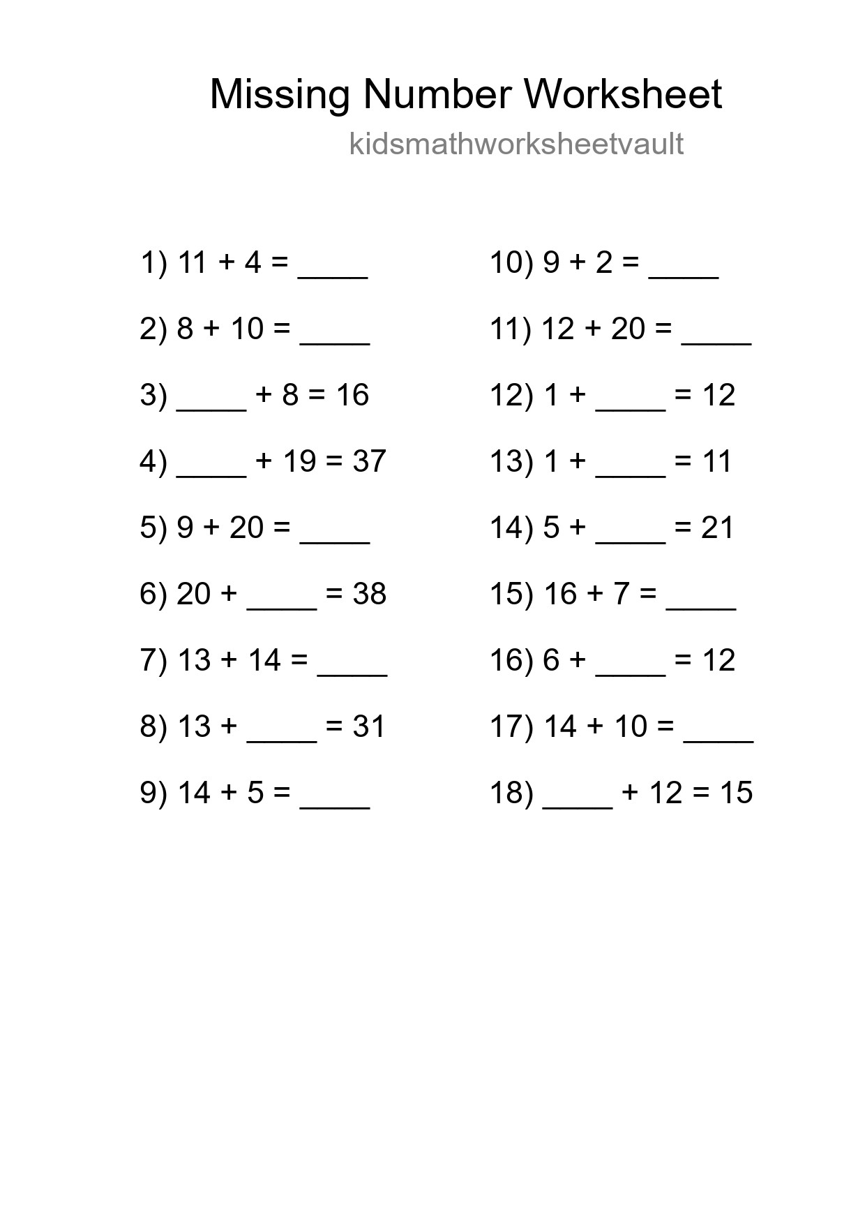 Missing Number Math Worksheet
