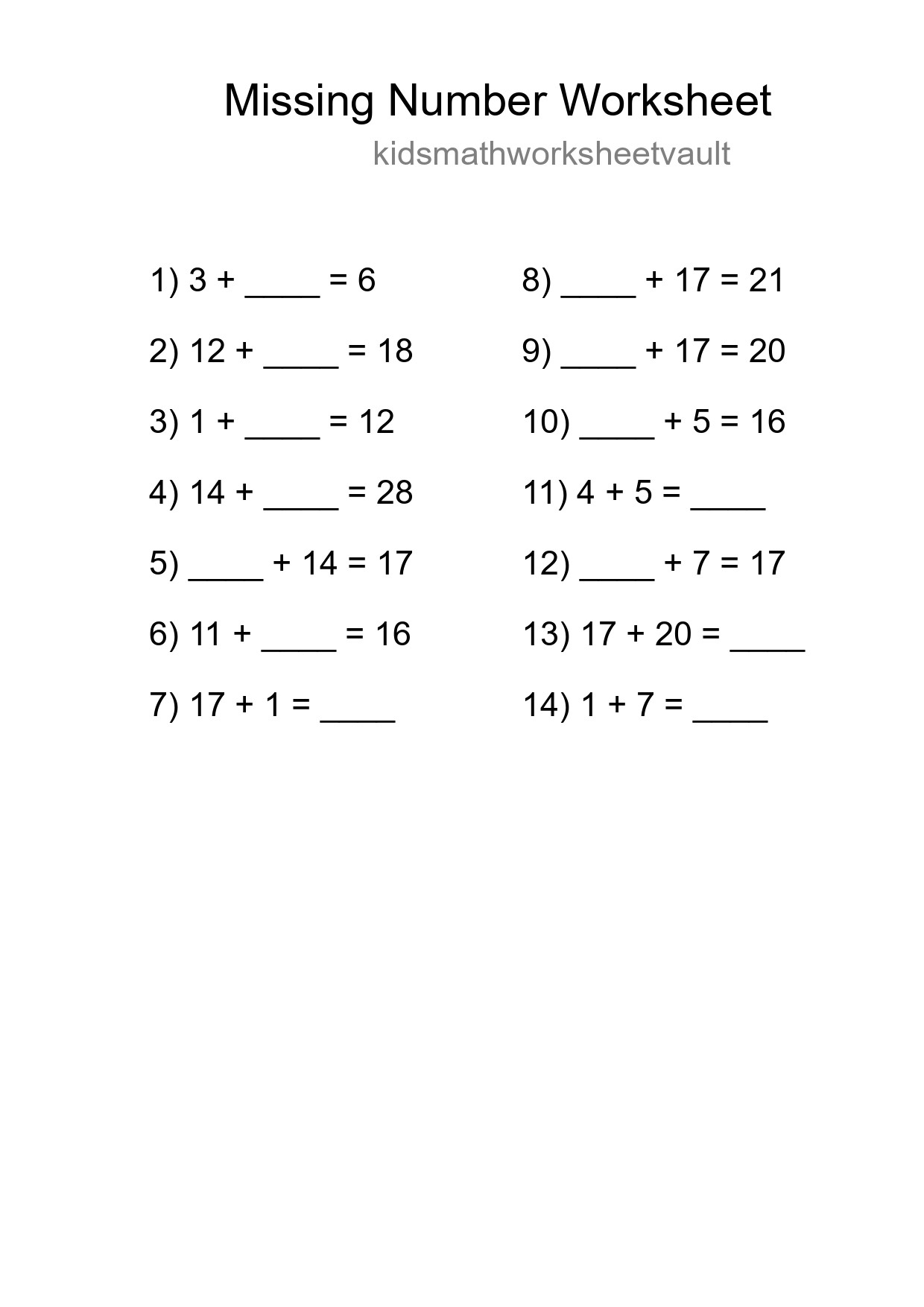 Missing Number Math Worksheet