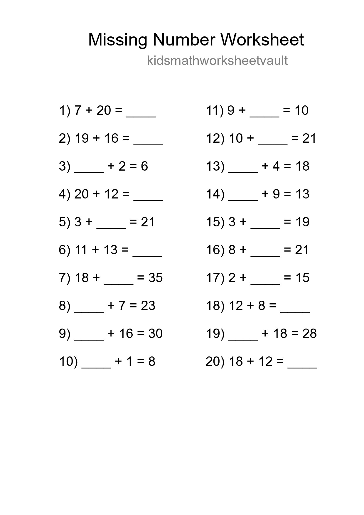 Missing Number Math Worksheet